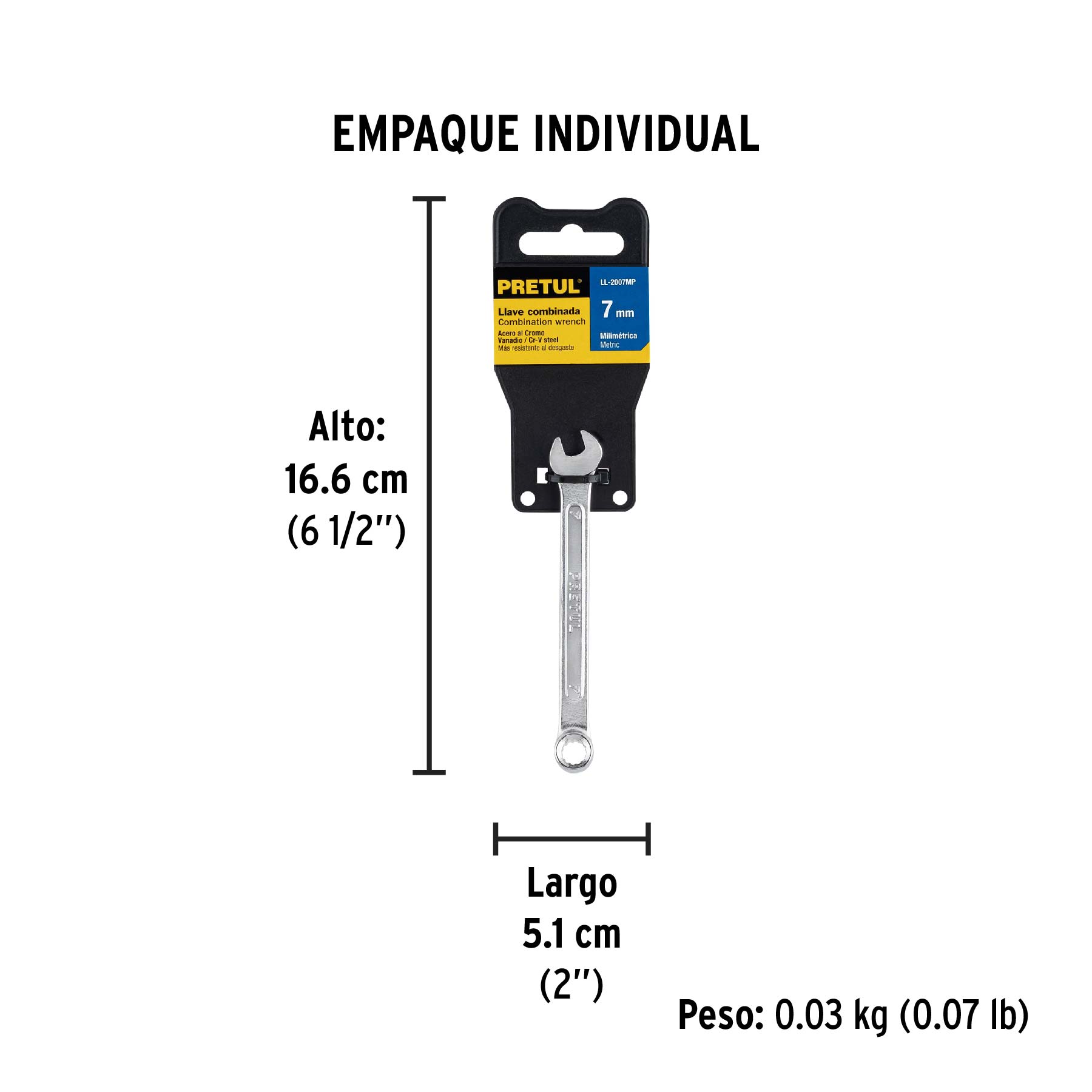 Llave combinada 7 mm x 110 mm de largo, PRETUL - Empaque