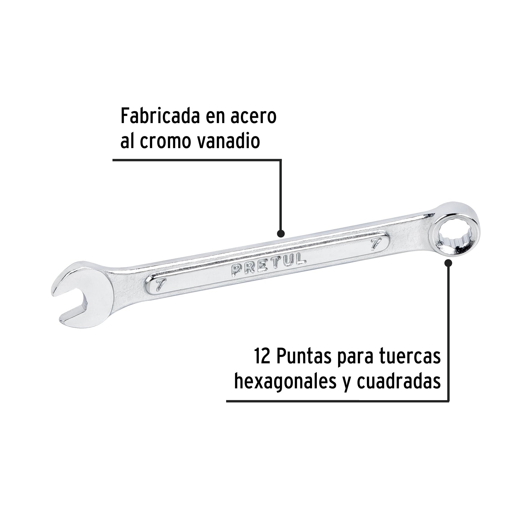 Llave combinada 7 mm x 110 mm de largo, PRETUL