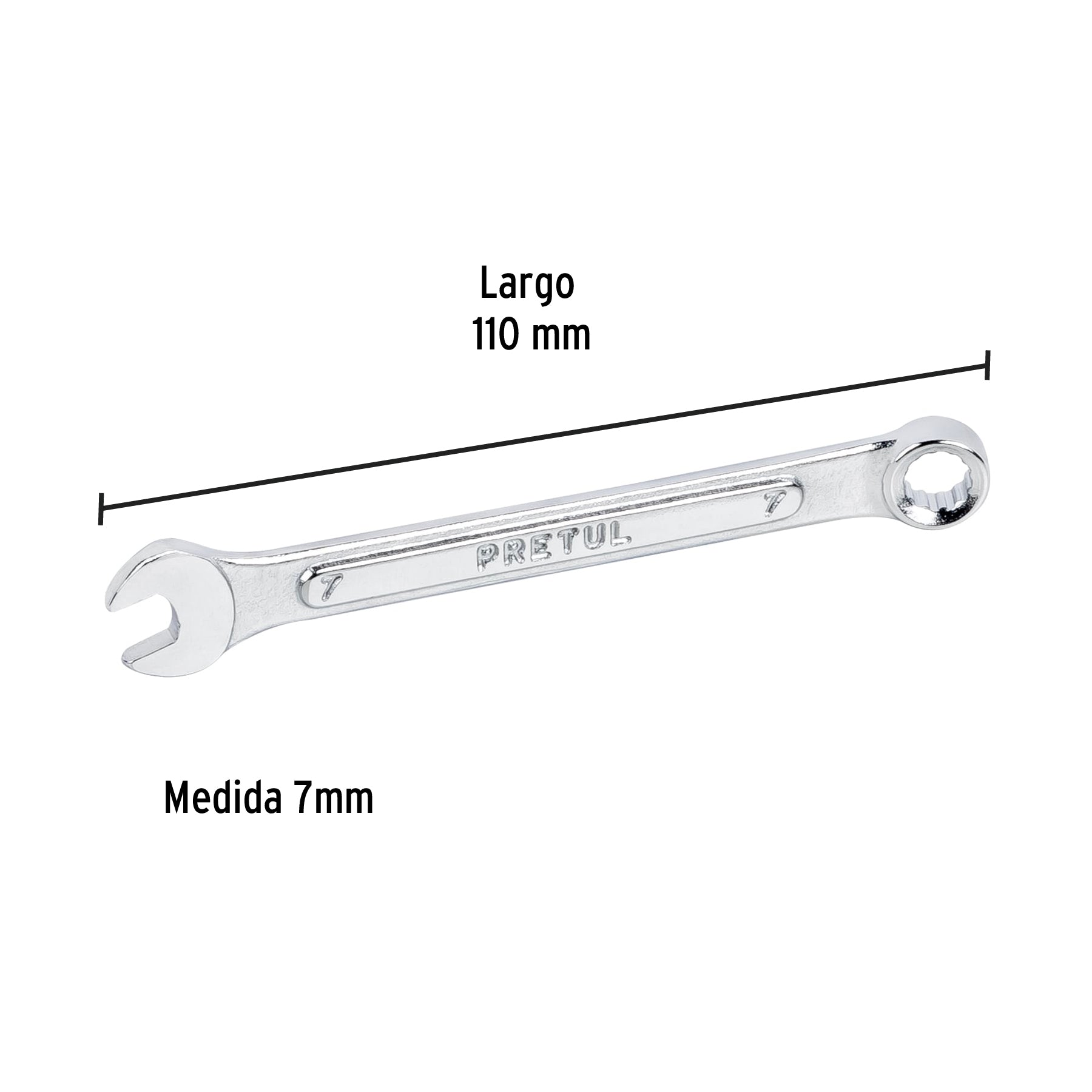 Llave combinada 7 mm x 110 mm de largo, PRETUL