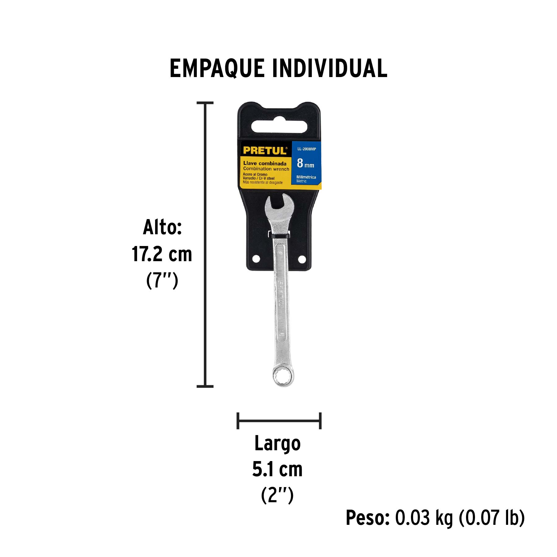 Llave combinada 8 mm x 120 mm de largo, PRETUL - Empaque