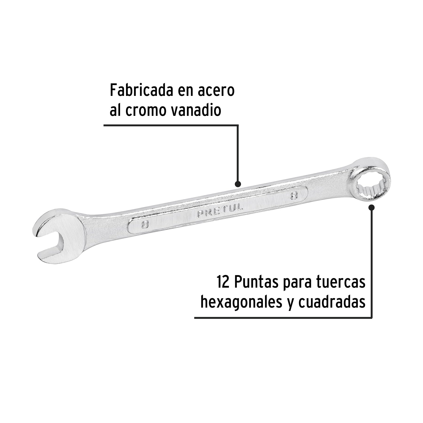 Llave combinada 8 mm x 120 mm de largo, PRETUL