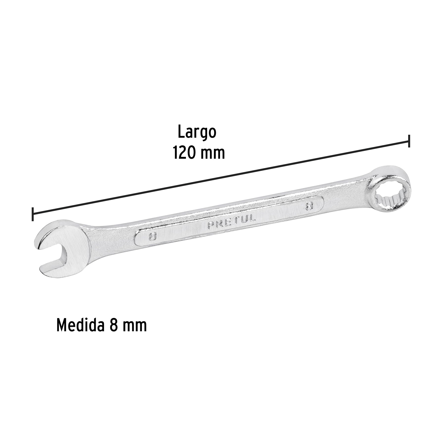 Llave combinada 8 mm x 120 mm de largo, PRETUL