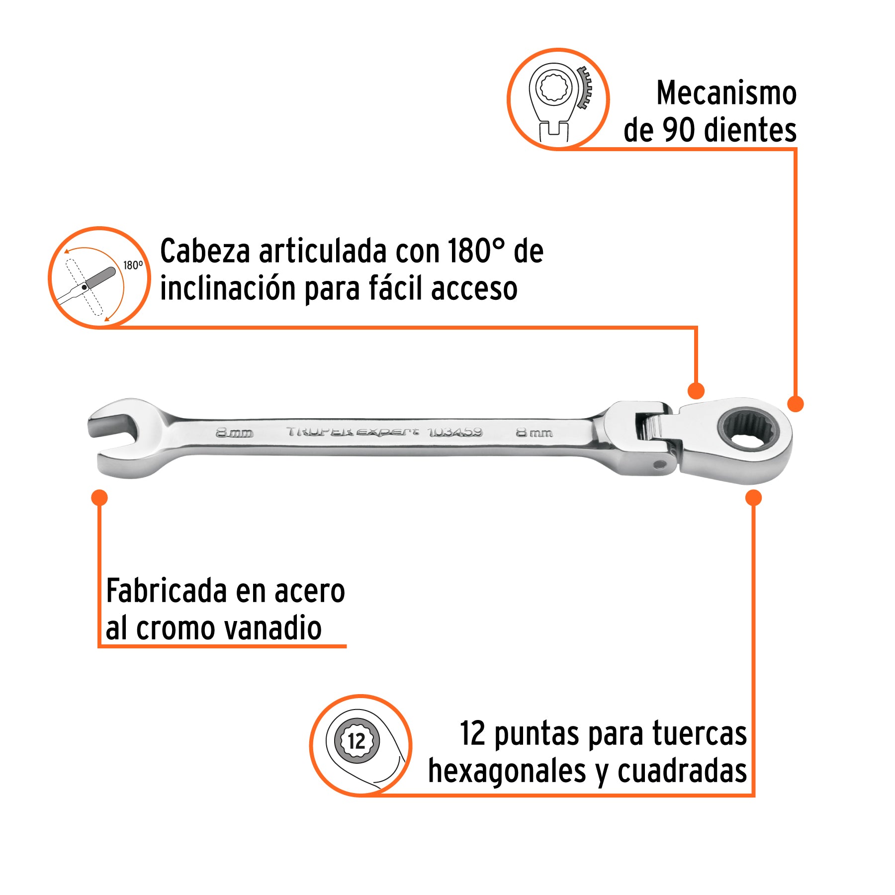 Llave combinada con matraca 8 mm flexible, EXPERT