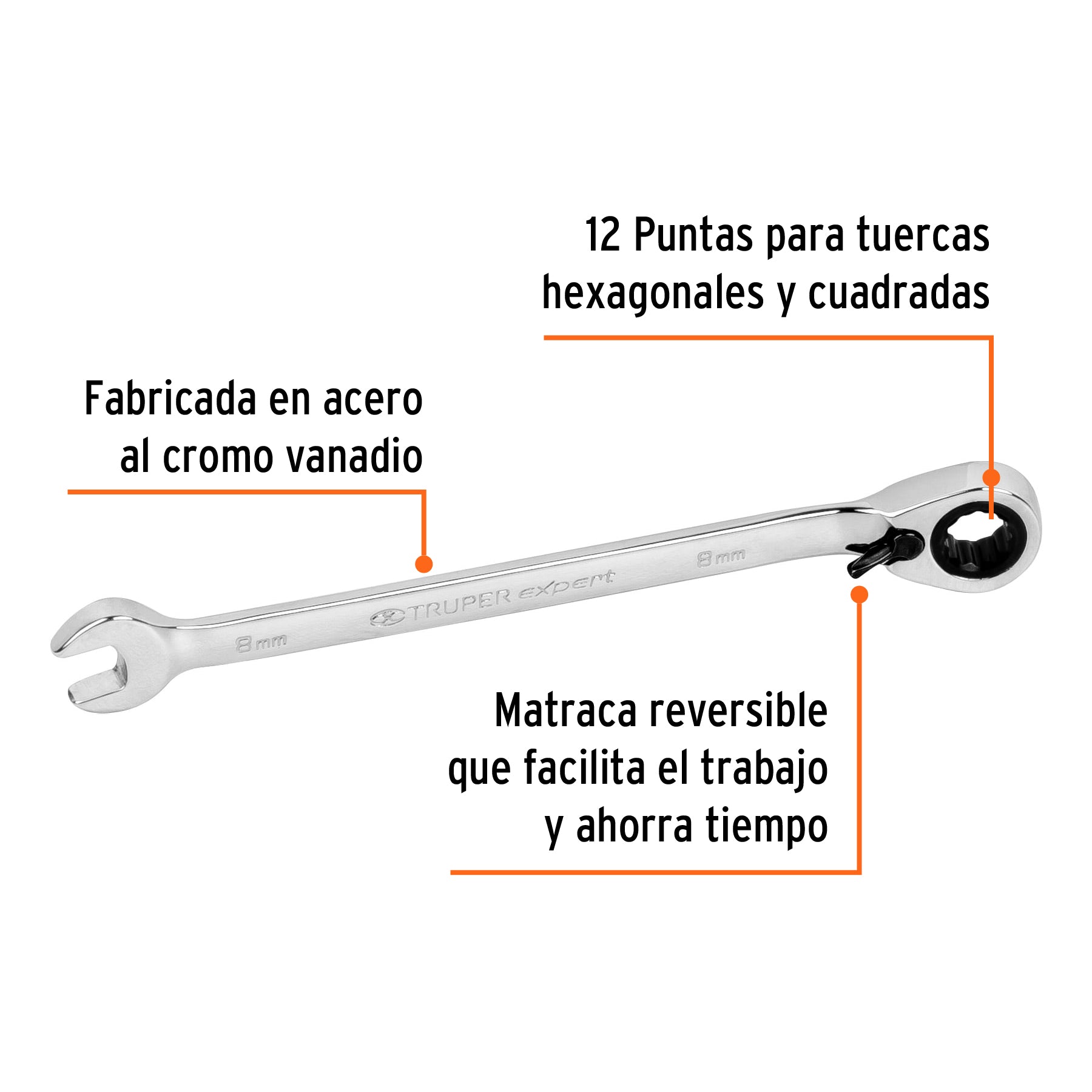 Llave combinada matraca reversible 8 mmx136 mm largo, EXPERT