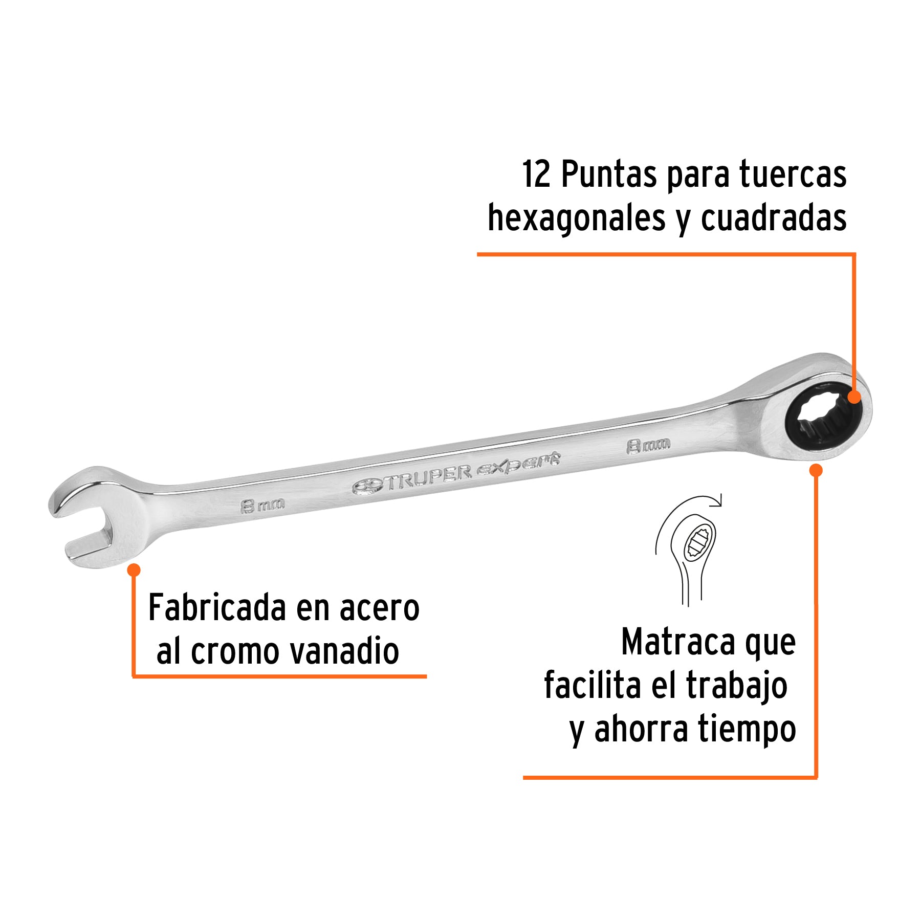 Llave combinada con matraca 8 mm x 136 mm largo, EXPERT
