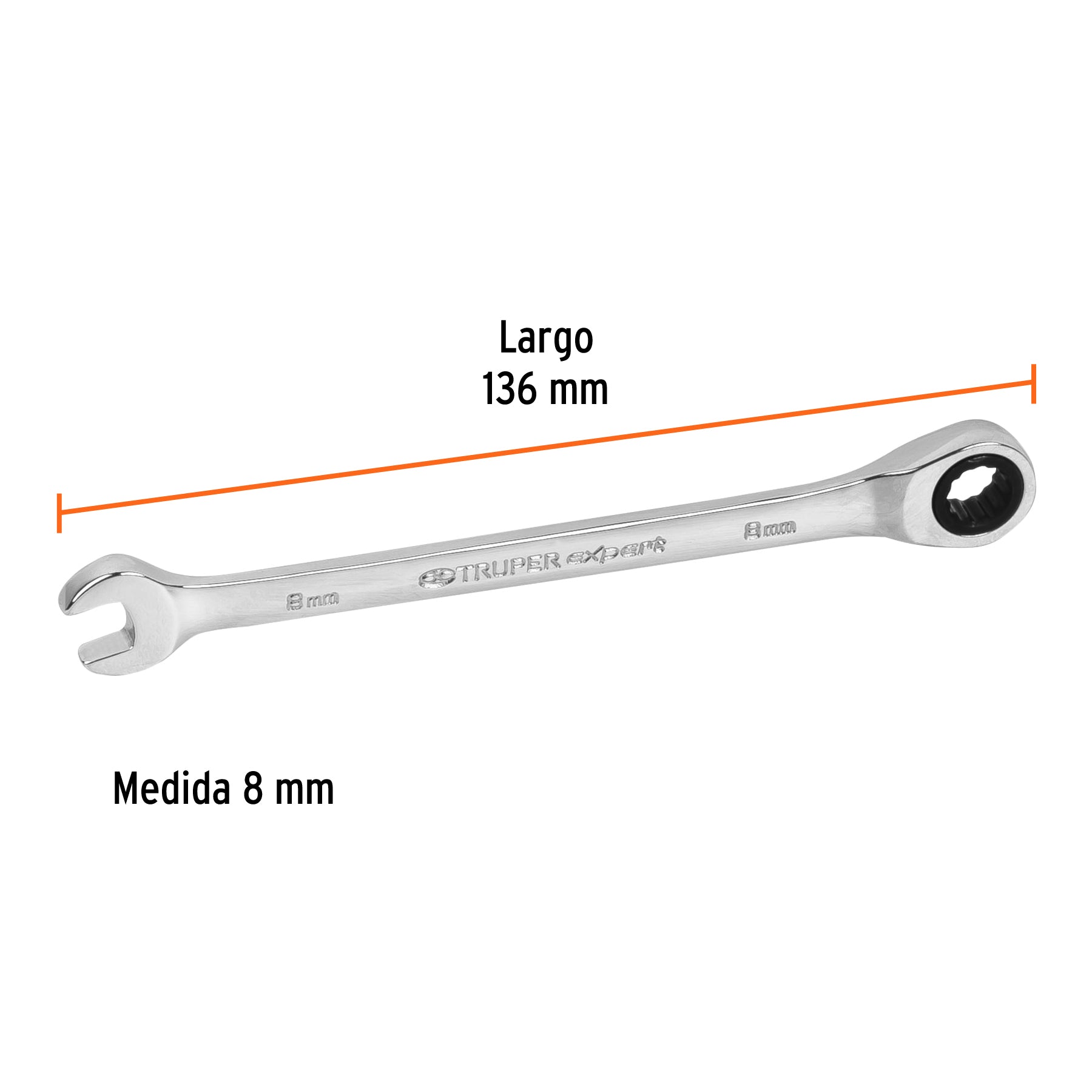 Llave combinada con matraca 8 mm x 136 mm largo, EXPERT