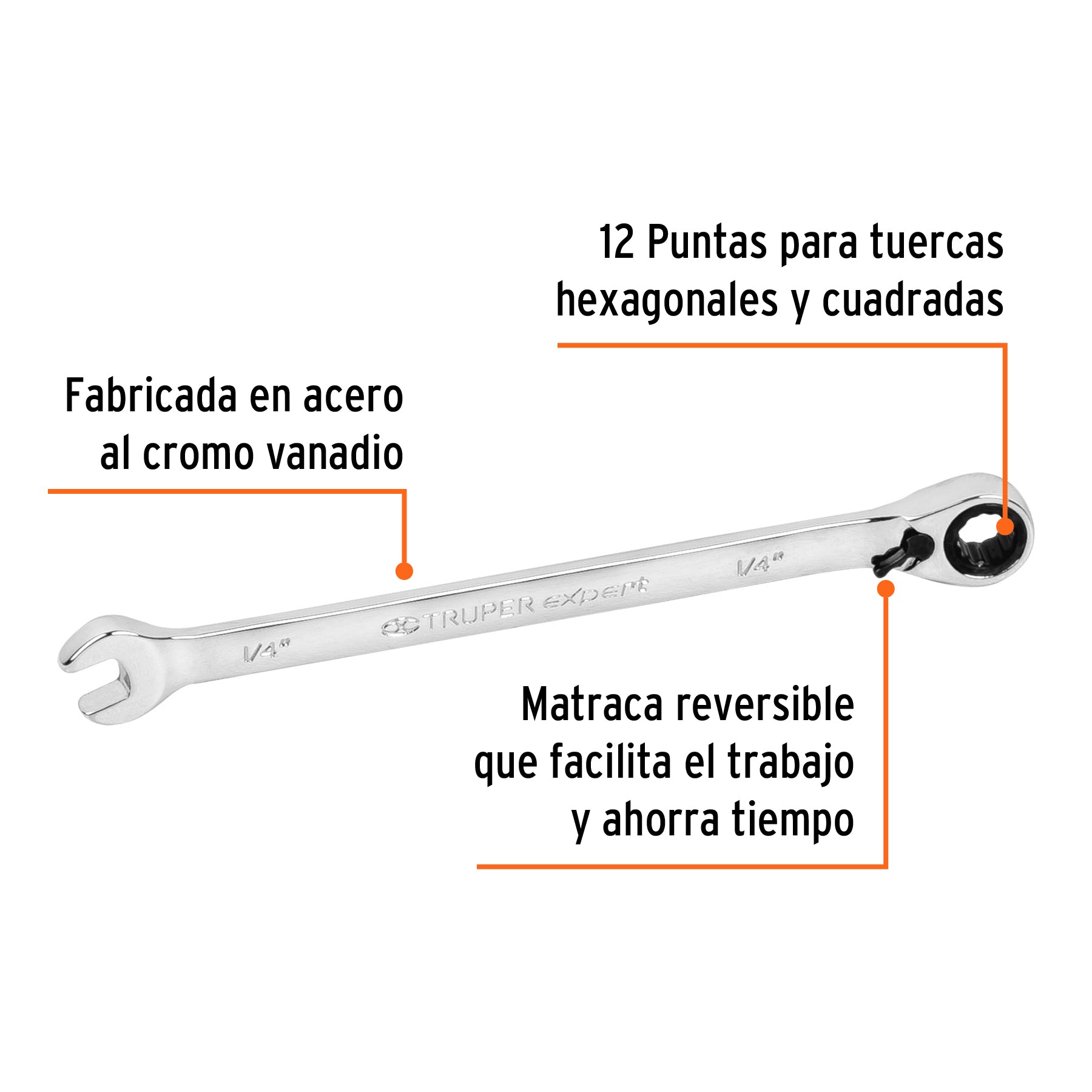 Llave combinada matraca reversible 1/4"x125mm largo, EXPERT