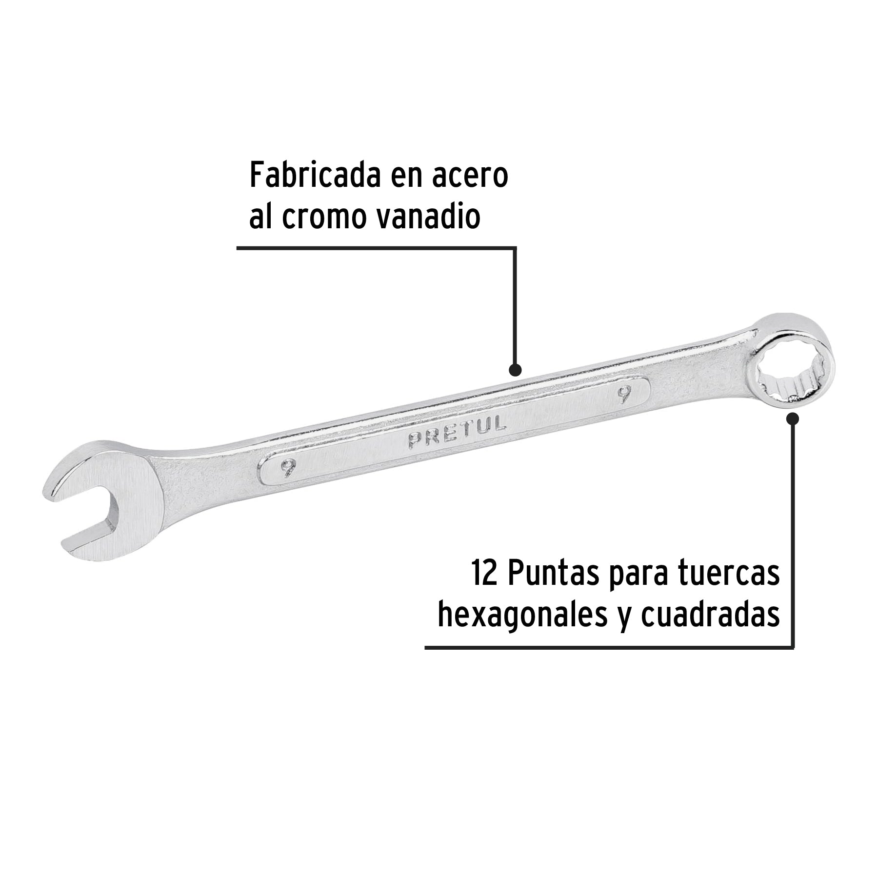 Llave combinada 9 mm x 130 mm de largo, PRETUL