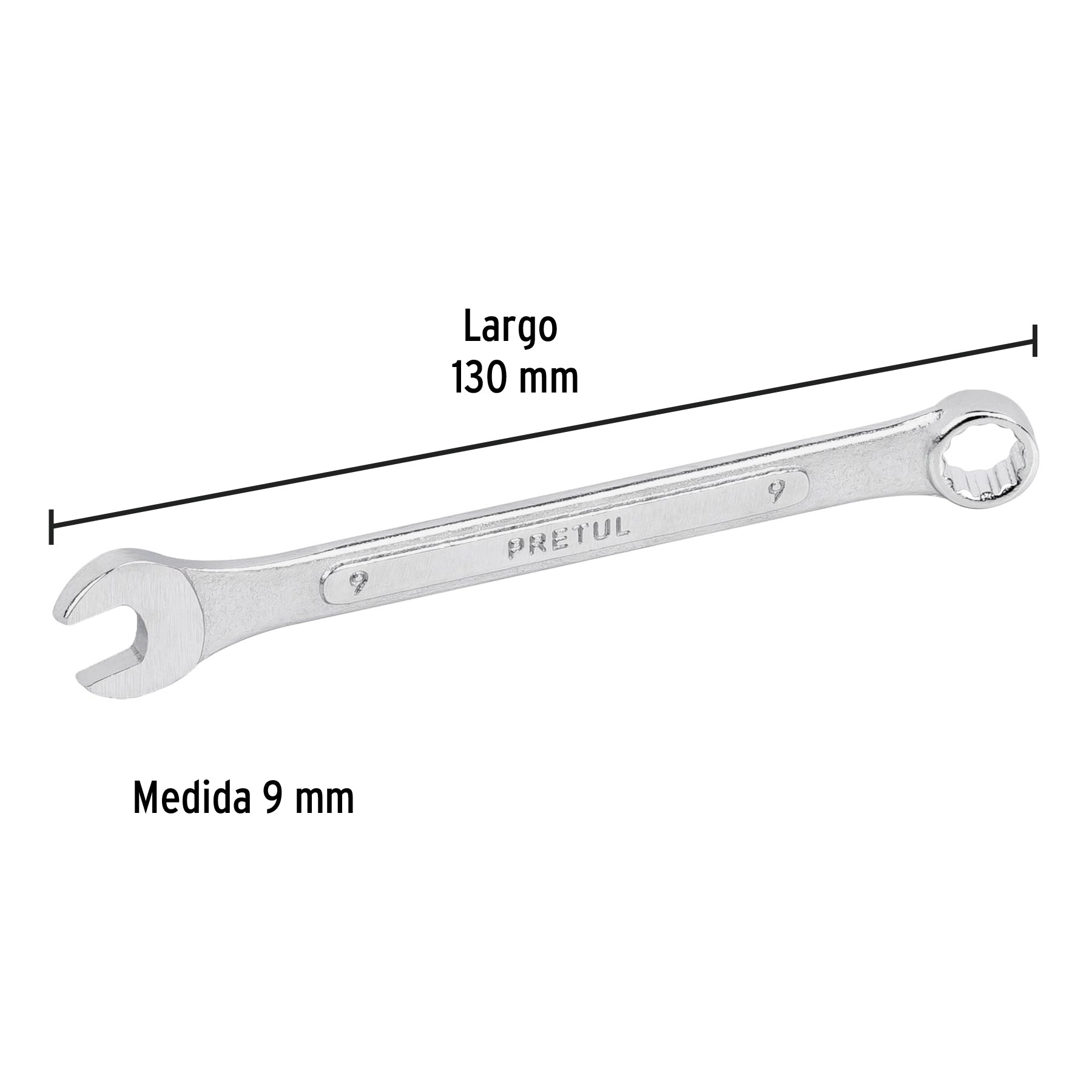 Llave combinada 9 mm x 130 mm de largo, PRETUL
