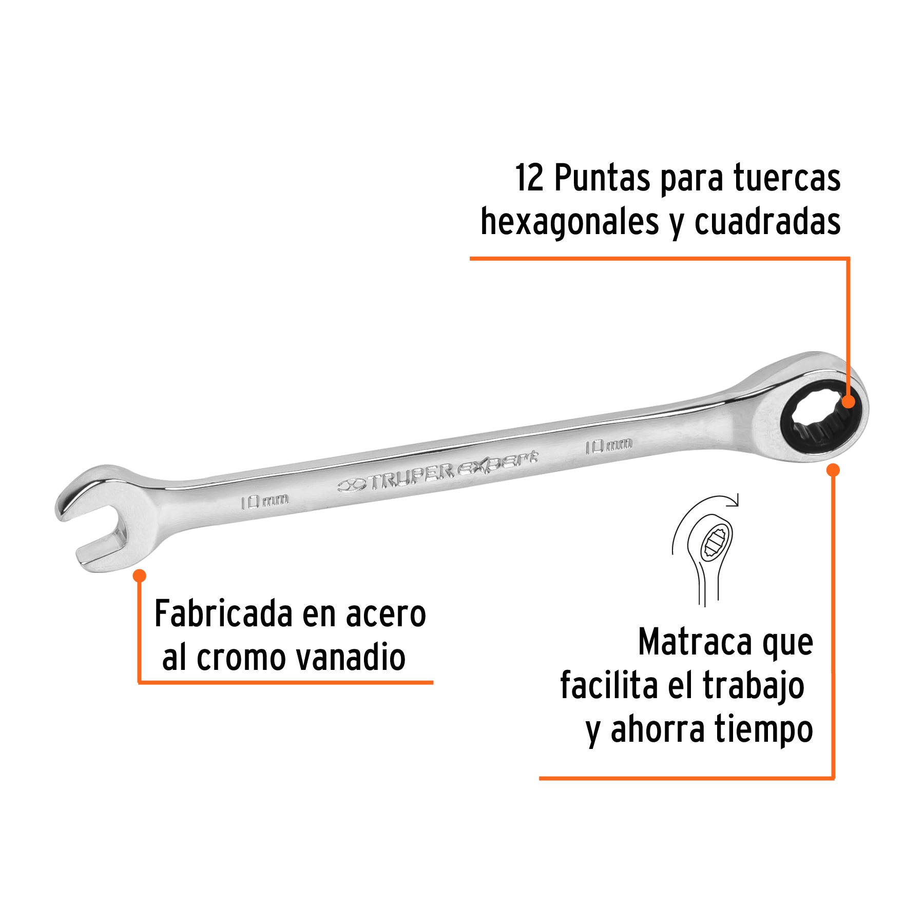 Llave combinada con matraca 10 mm x 154 mm largo, EXPERT