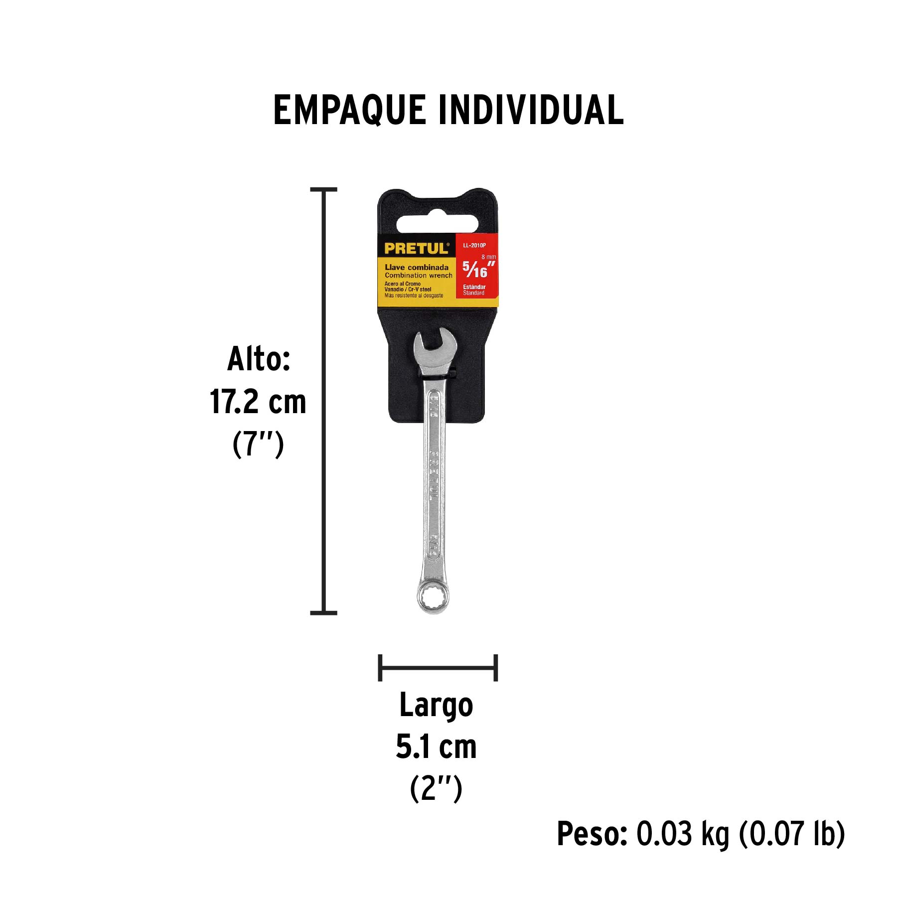 Llave combinada 5/16" x 120 mm de largo, PRETUL - Empaque