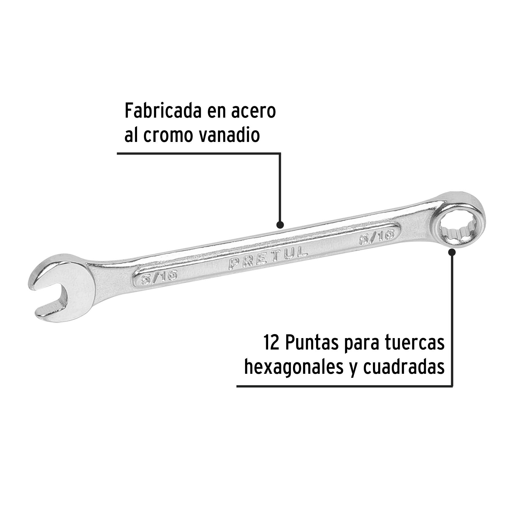 Llave combinada 5/16" x 120 mm de largo, PRETUL