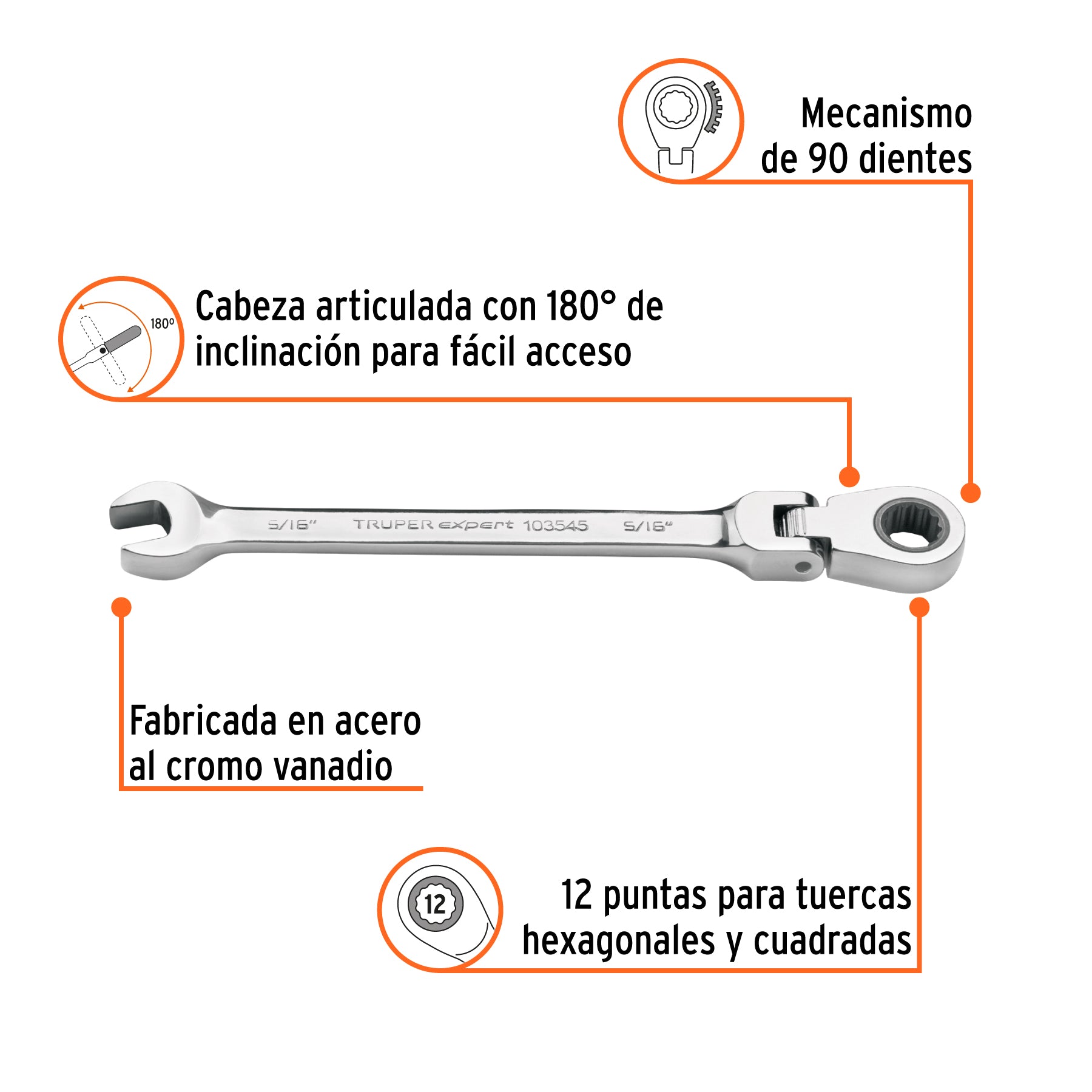 Llave combinada con matraca 5/16" flexible, EXPERT
