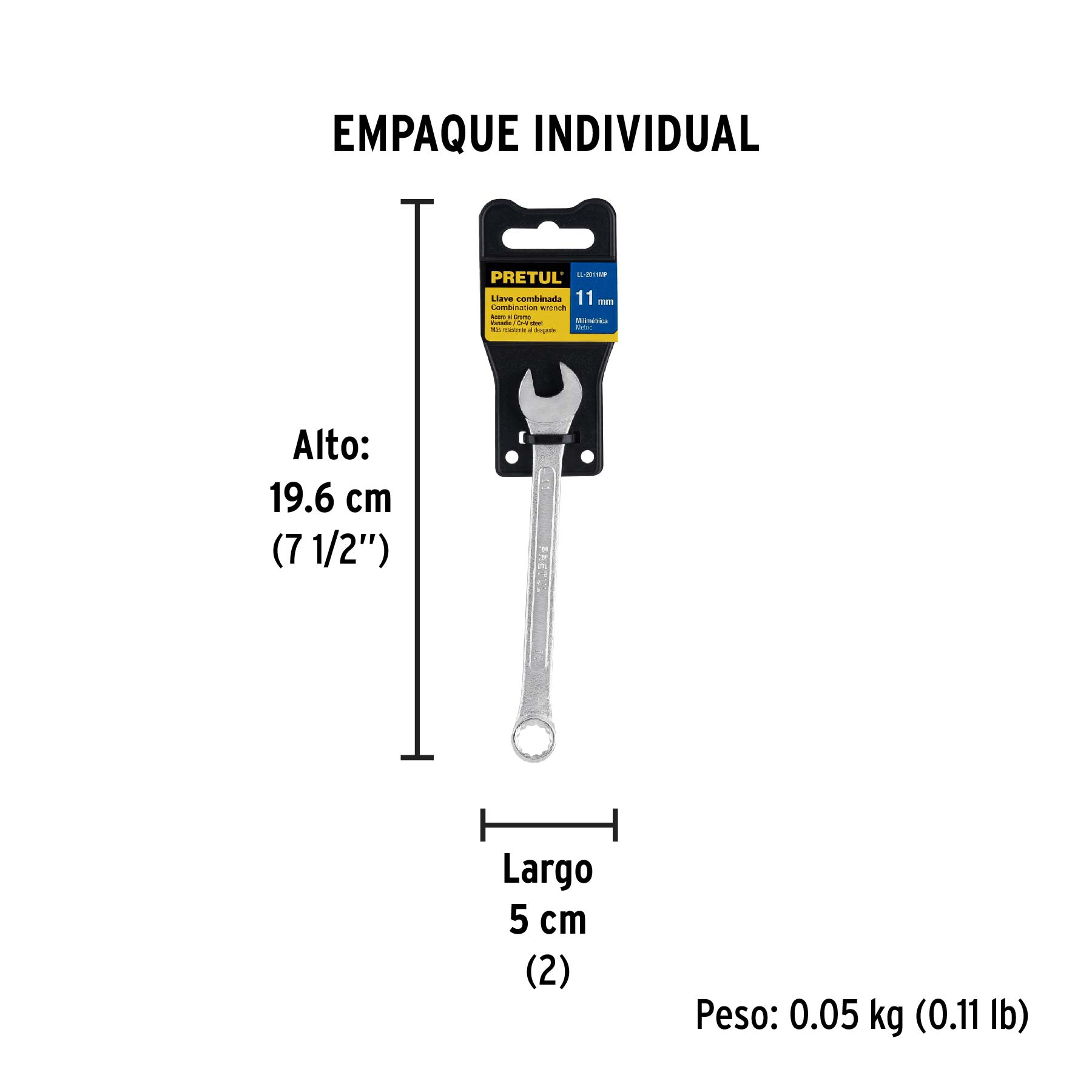 Llave combinada 11 mm x 150 mm de largo, PRETUL - Empaque