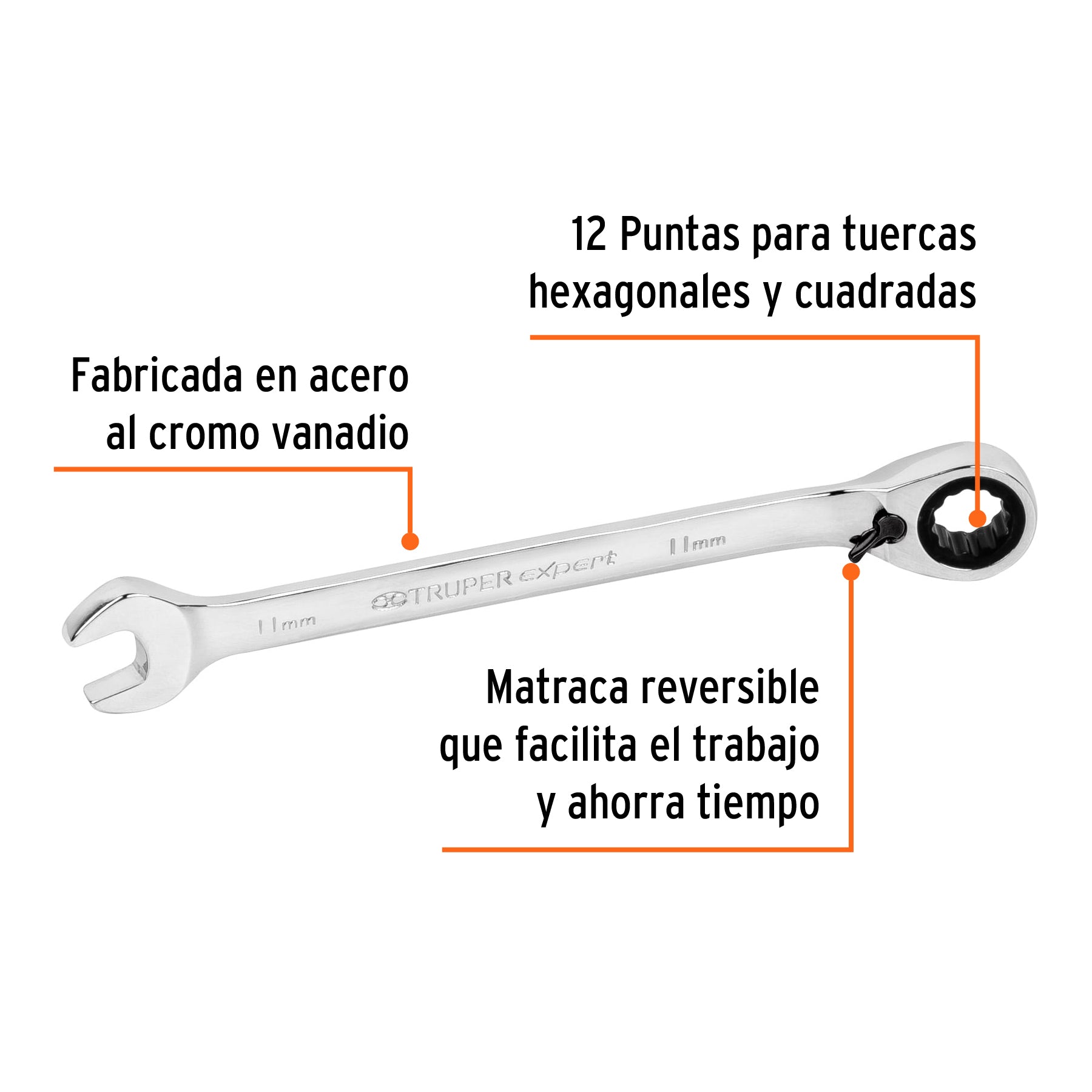 Llave combinada matraca reversible 11mmx160 mm largo, EXPERT