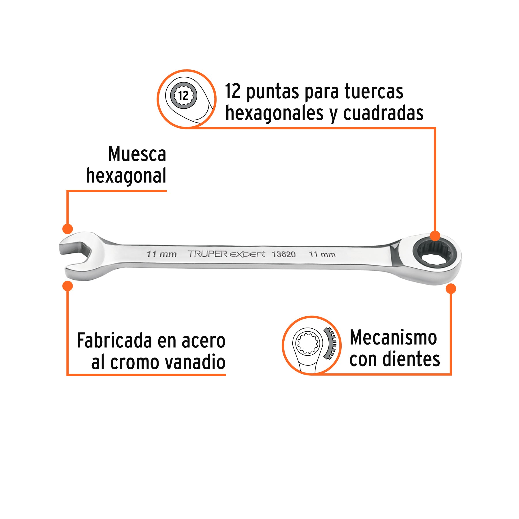 Llave combinada con matraca 11mm x 160 mm largo, EXPERT