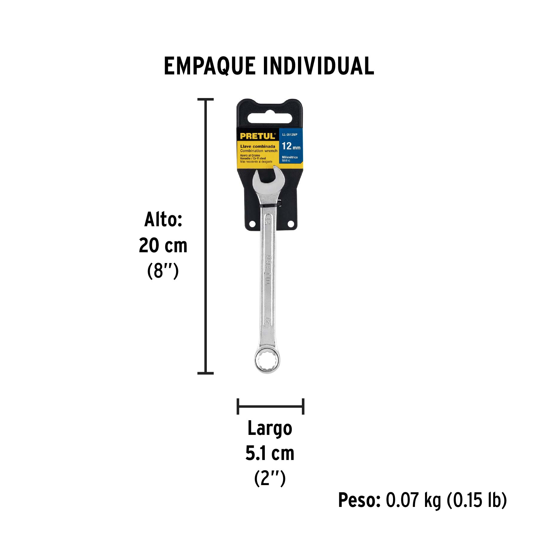 Llave combinada 12 mm x 160 mm de largo, PRETUL - Empaque