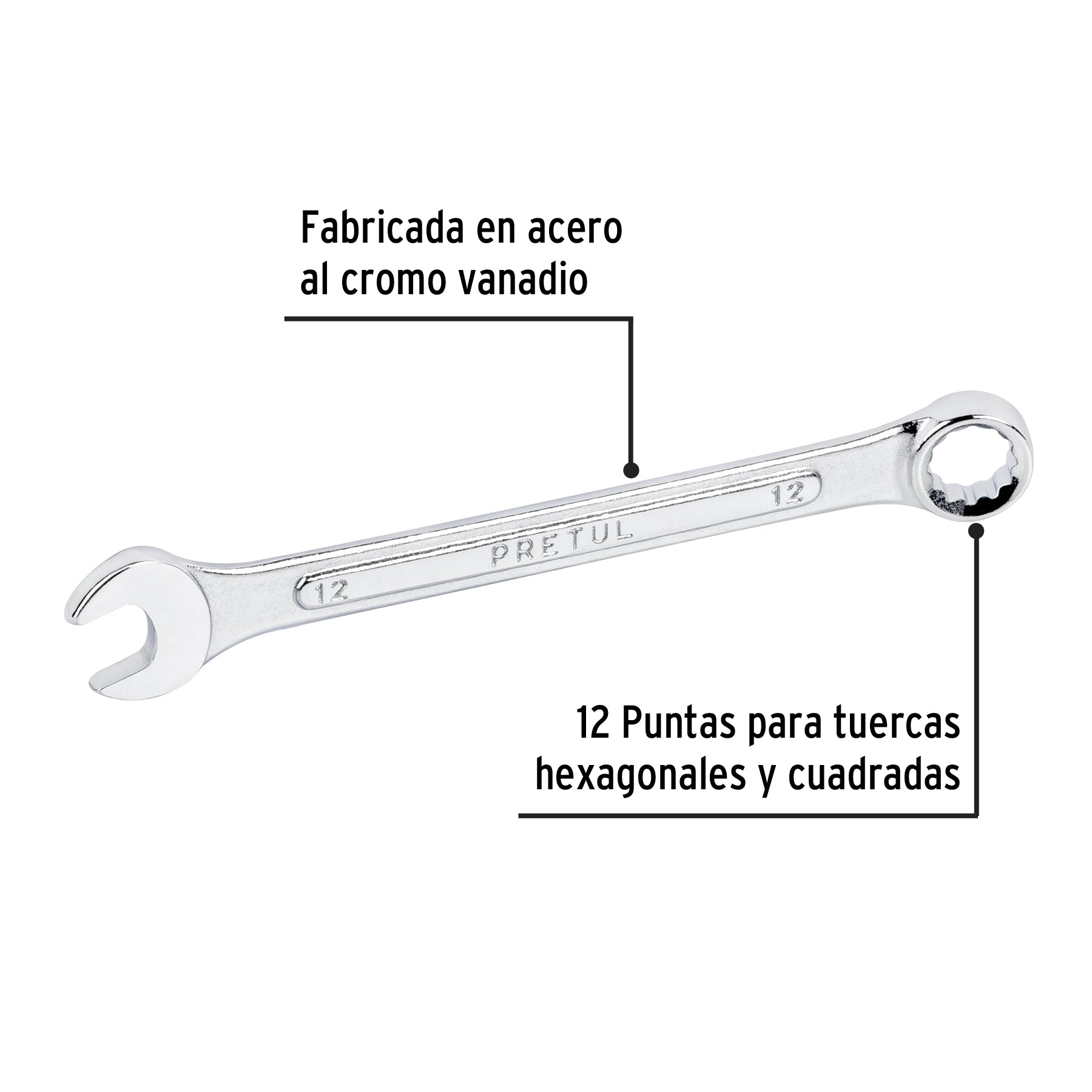 Llave combinada 12 mm x 160 mm de largo, PRETUL