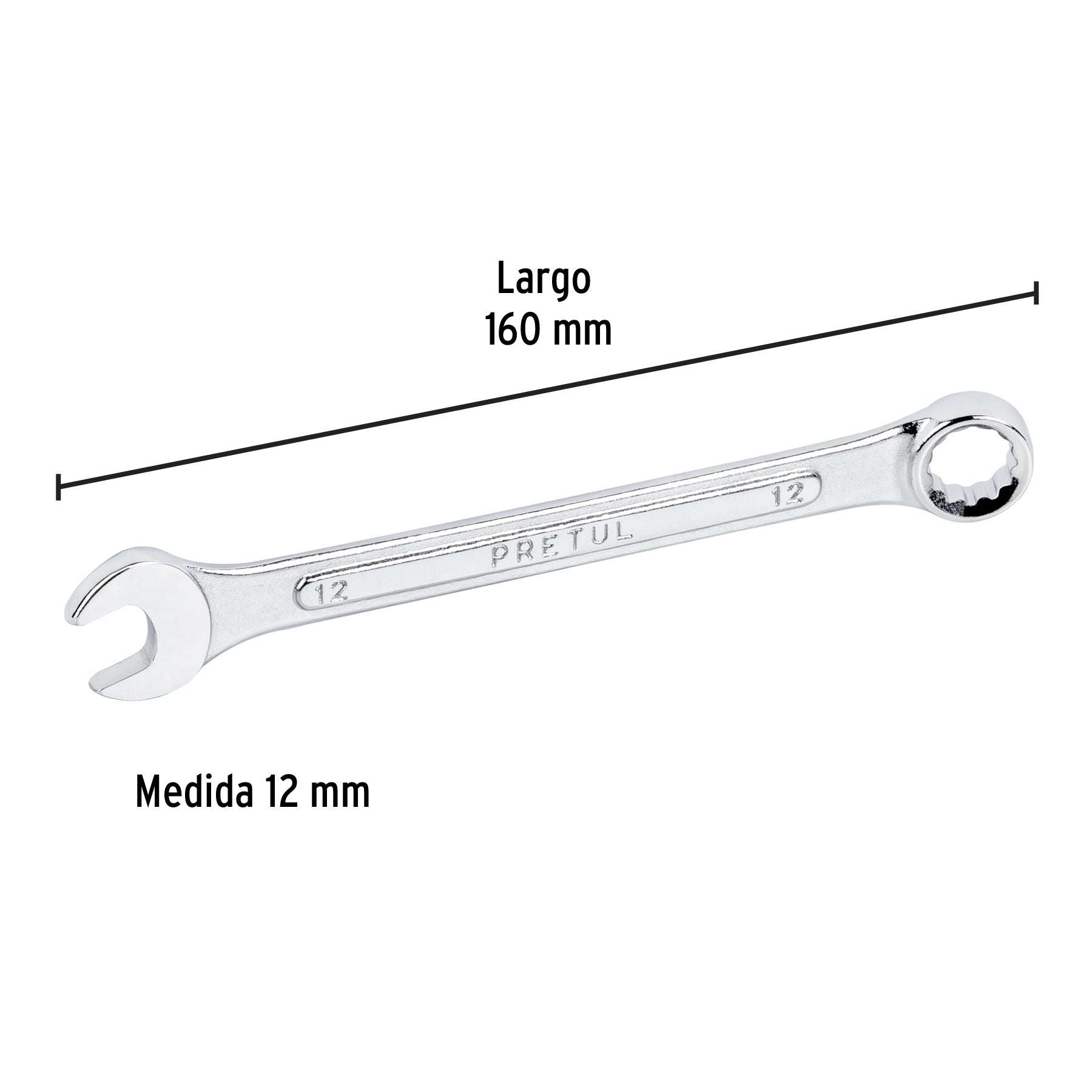 Llave combinada 12 mm x 160 mm de largo, PRETUL