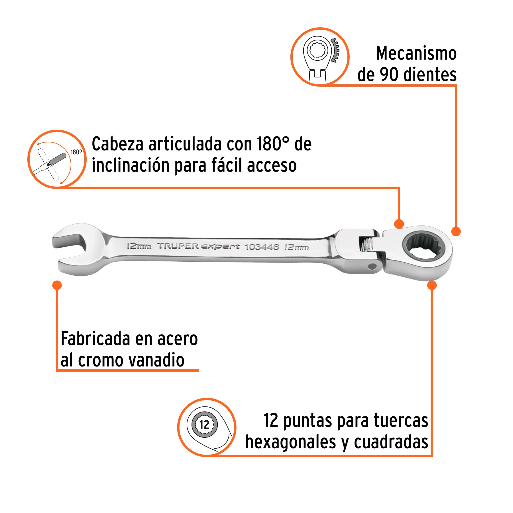 Llave combinada con matraca 12 mm flexible, EXPERT