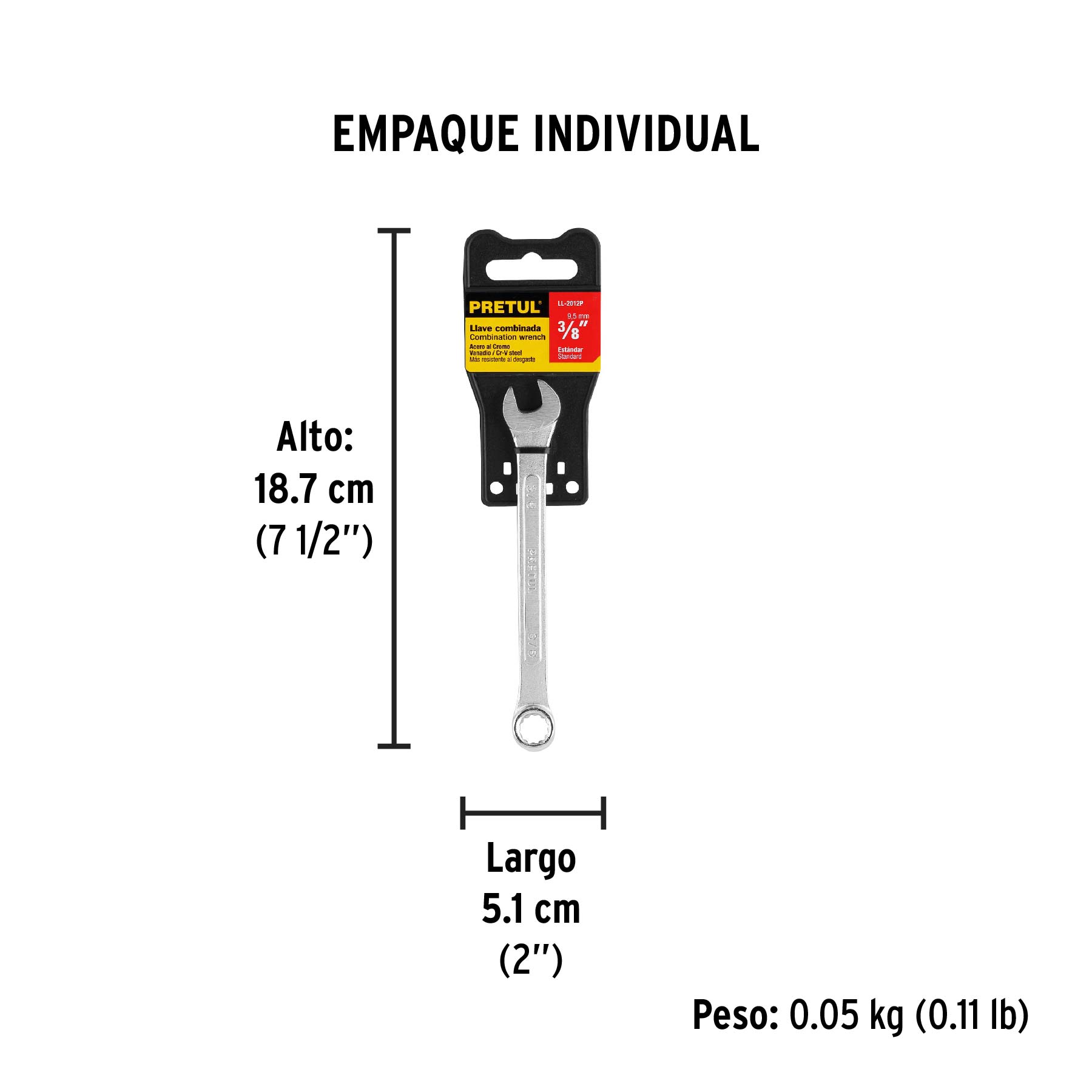 Llave combinada 3/8" x 140 mm de largo, PRETUL - Empaque