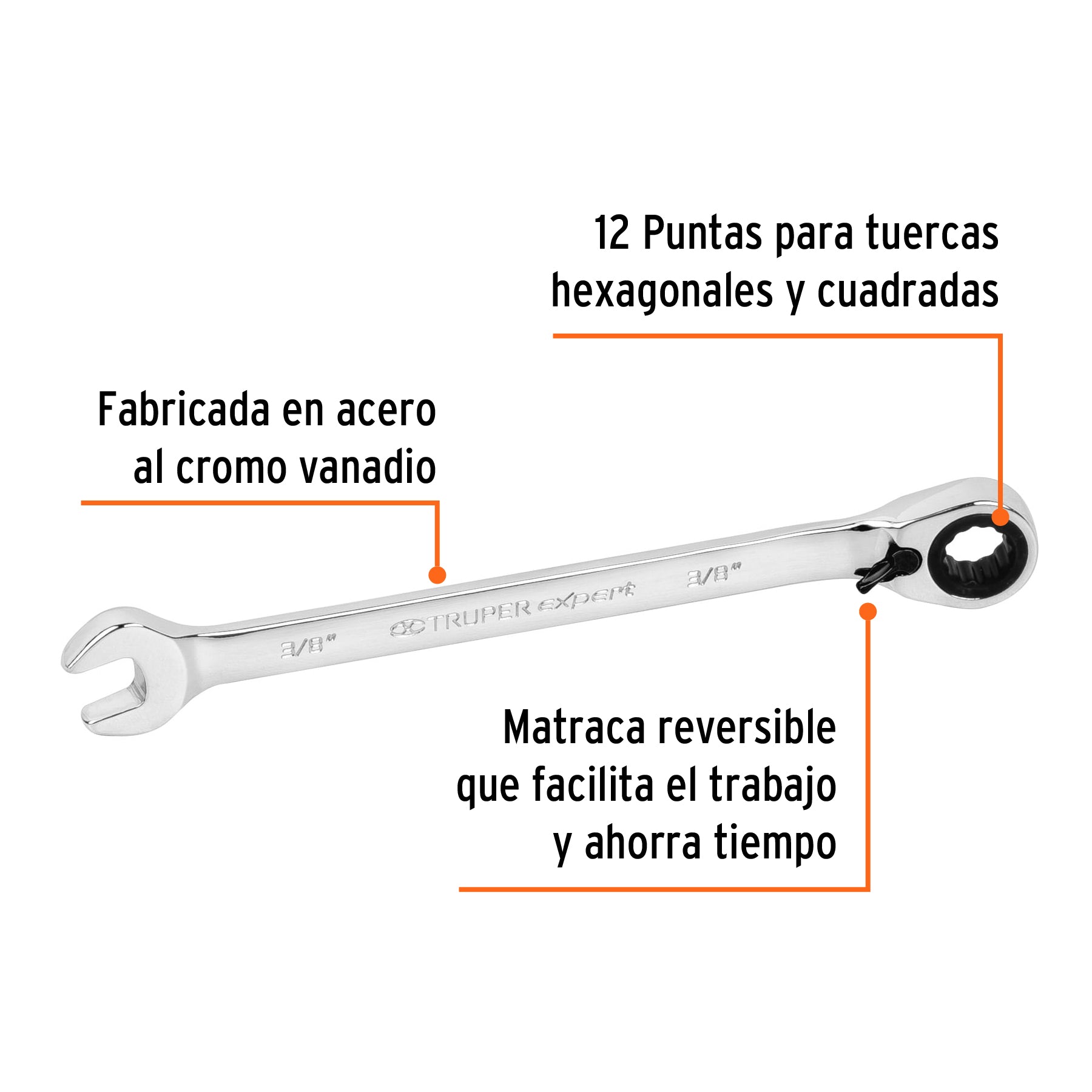 Llave combinada matraca reversible 3/8"x158 mm largo, EXPERT