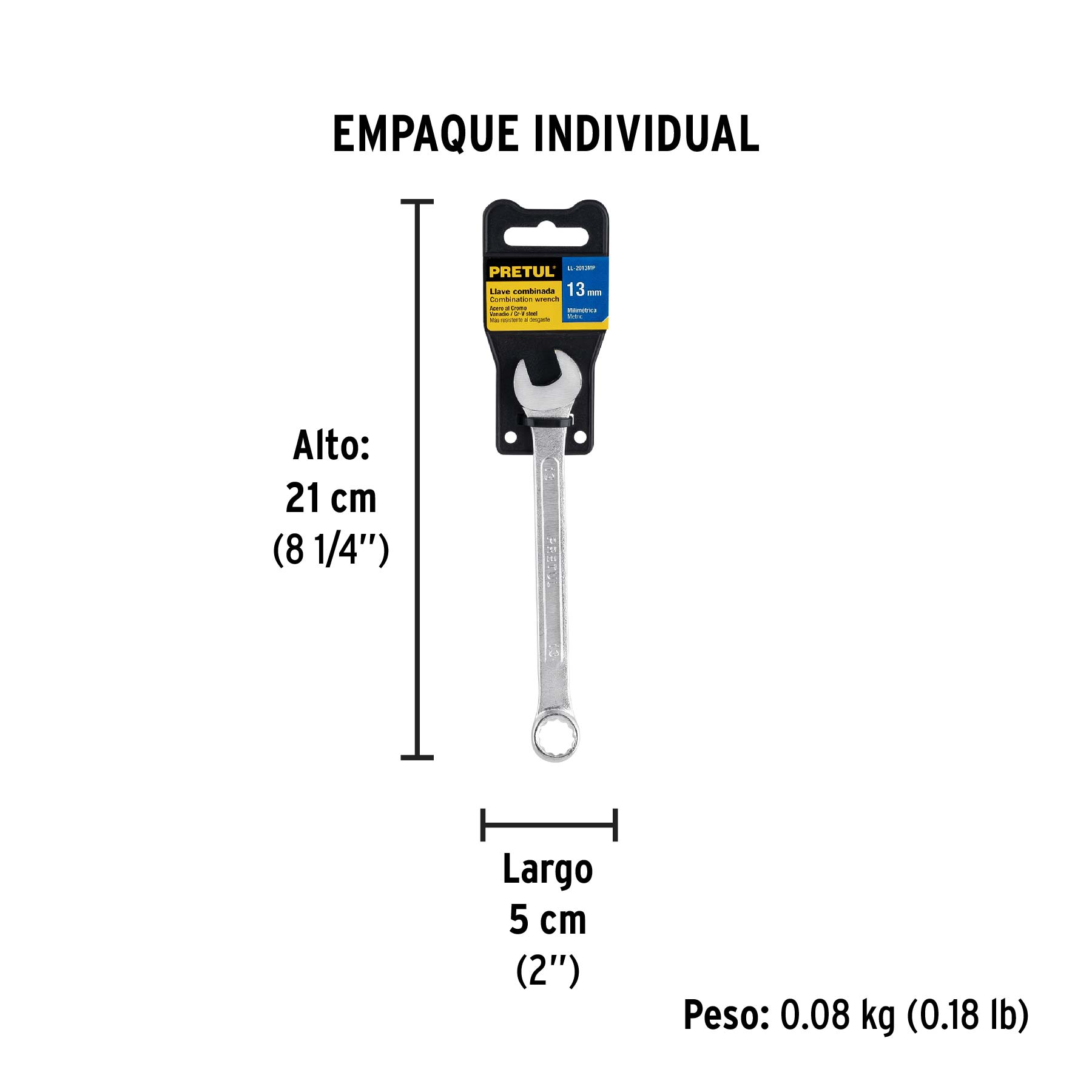 Llave combinada 13 mm x 170 mm de largo, PRETUL - Empaque