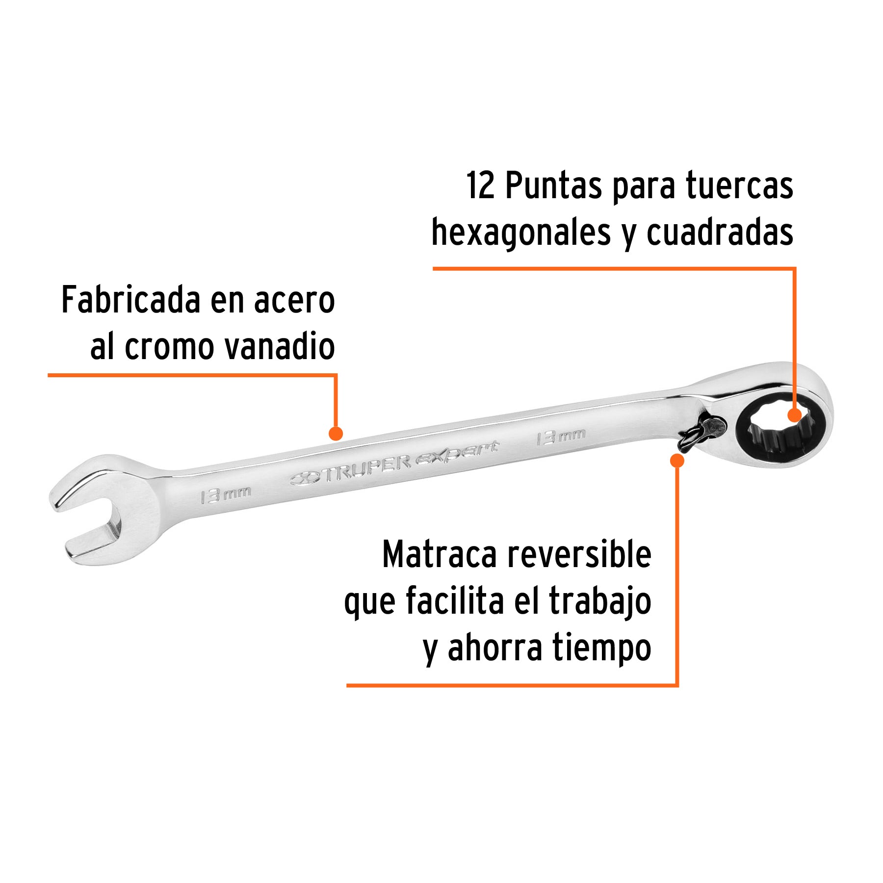 Llave combinada matraca reversible 13mmx178 mm largo, EXPERT