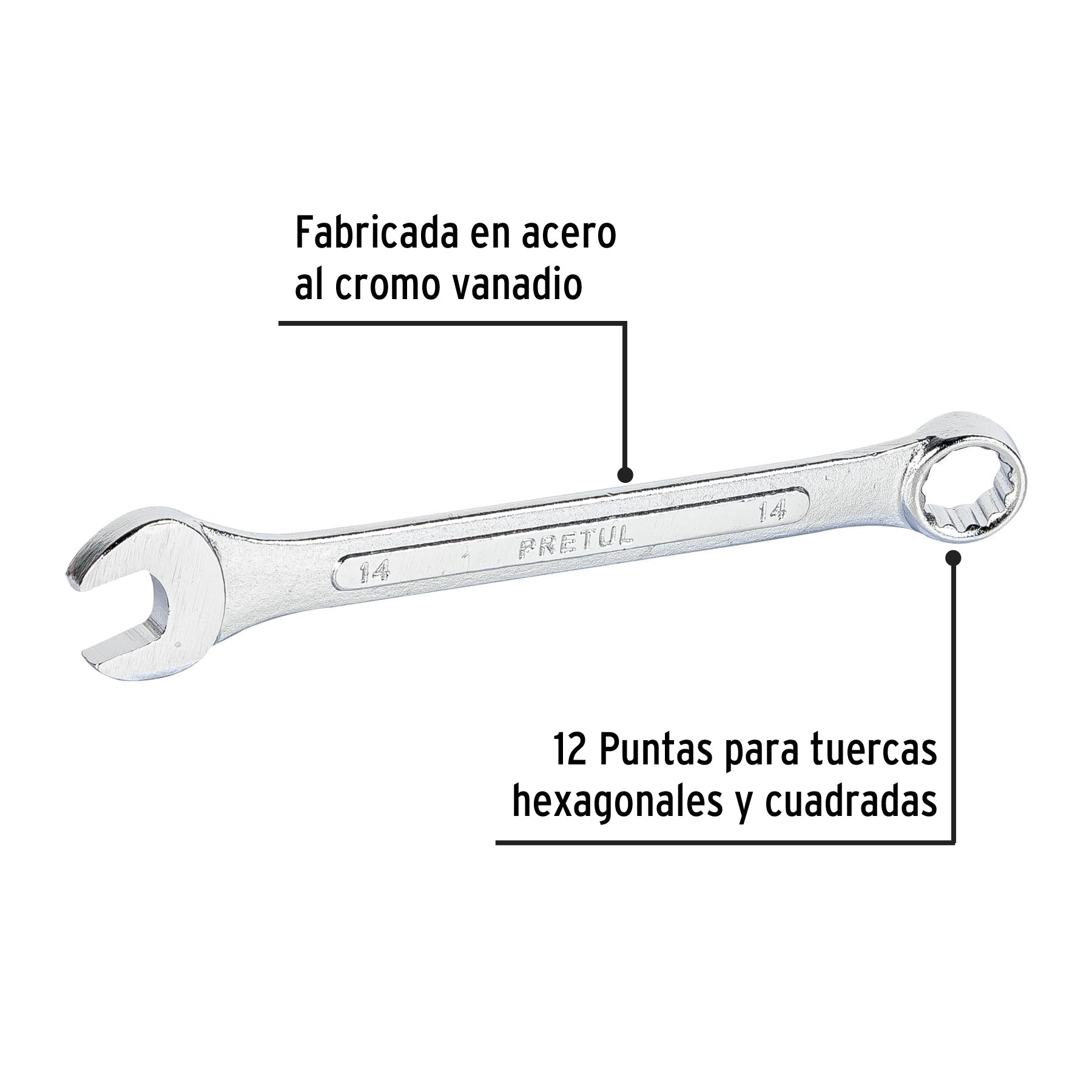 Llave combinada 14 mm x 180 mm de largo, PRETUL