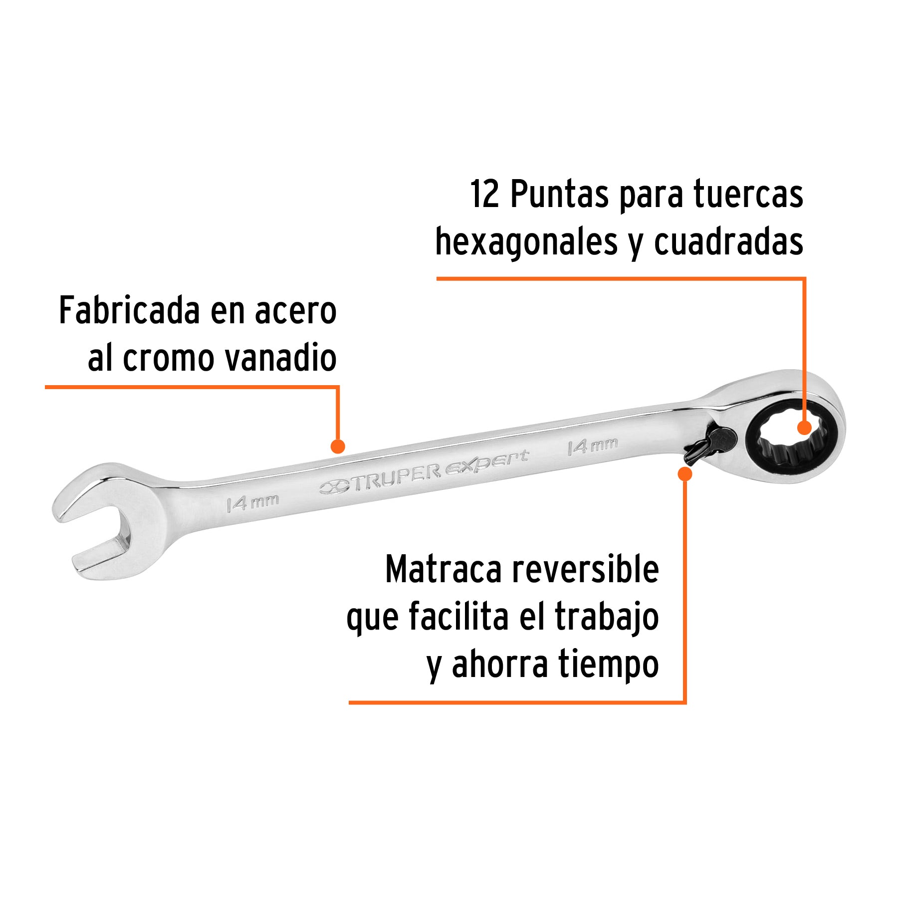 Llave combinada matraca reversible 14mmx188 mm largo, EXPERT
