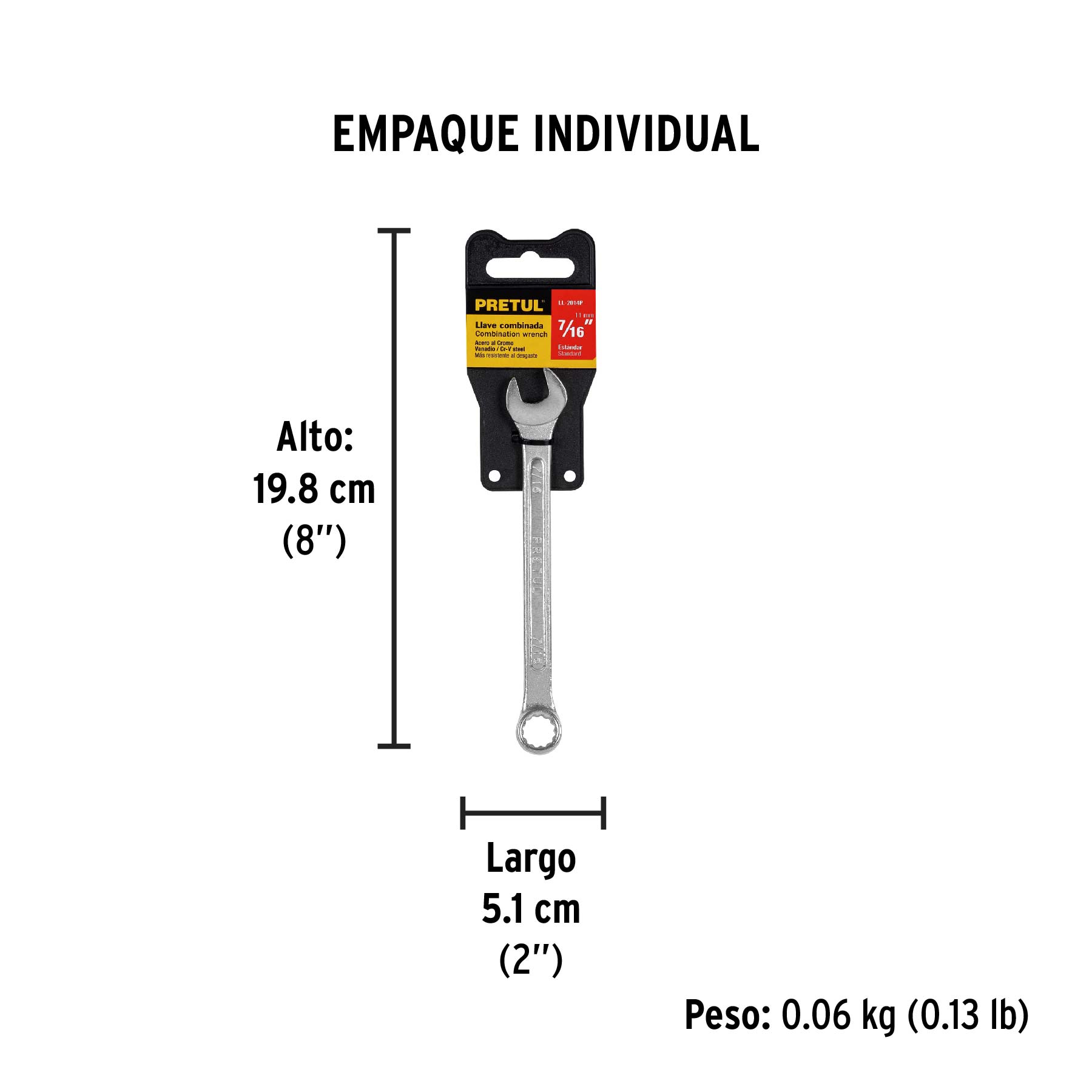 Llave combinada 7/16" x 150 mm de largo, PRETUL - Empaque