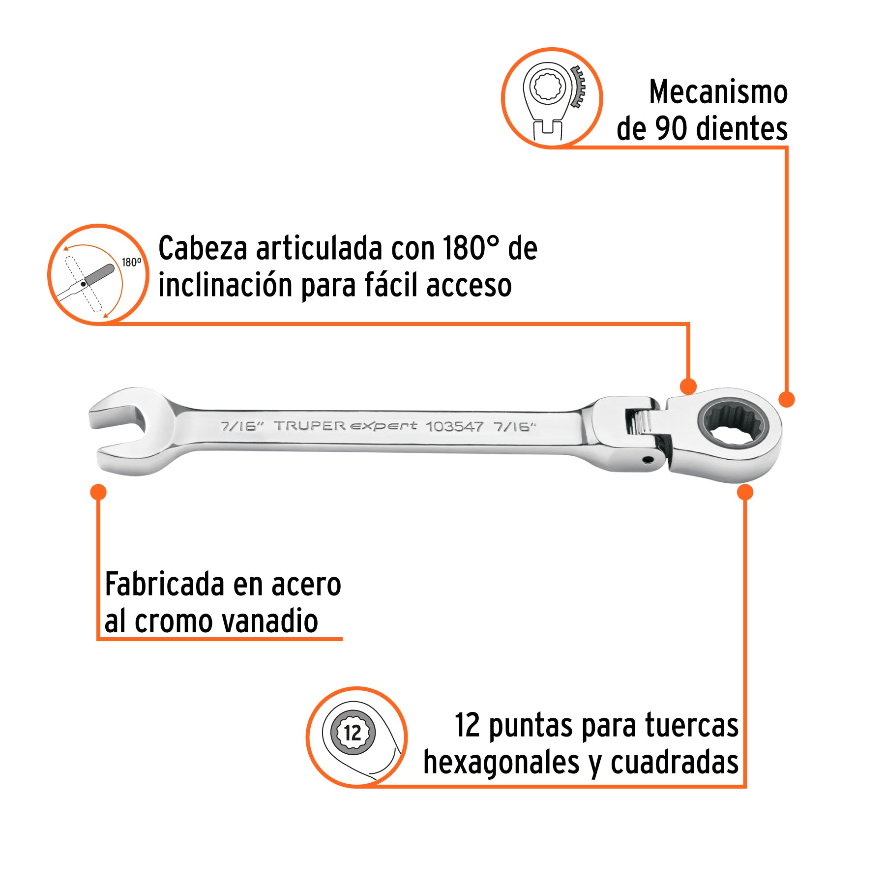 Llave combinada con matraca 7/16" flexible, EXPERT