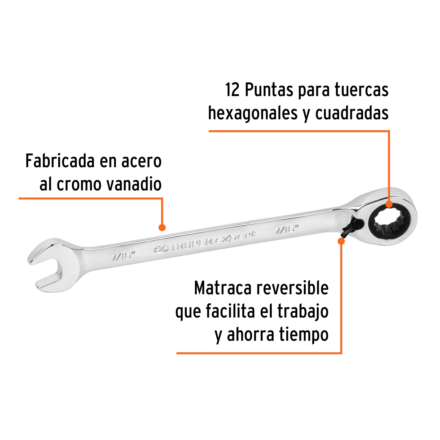 Llave combinada matraca reversible 7/16"x163 mm largo,EXPERT