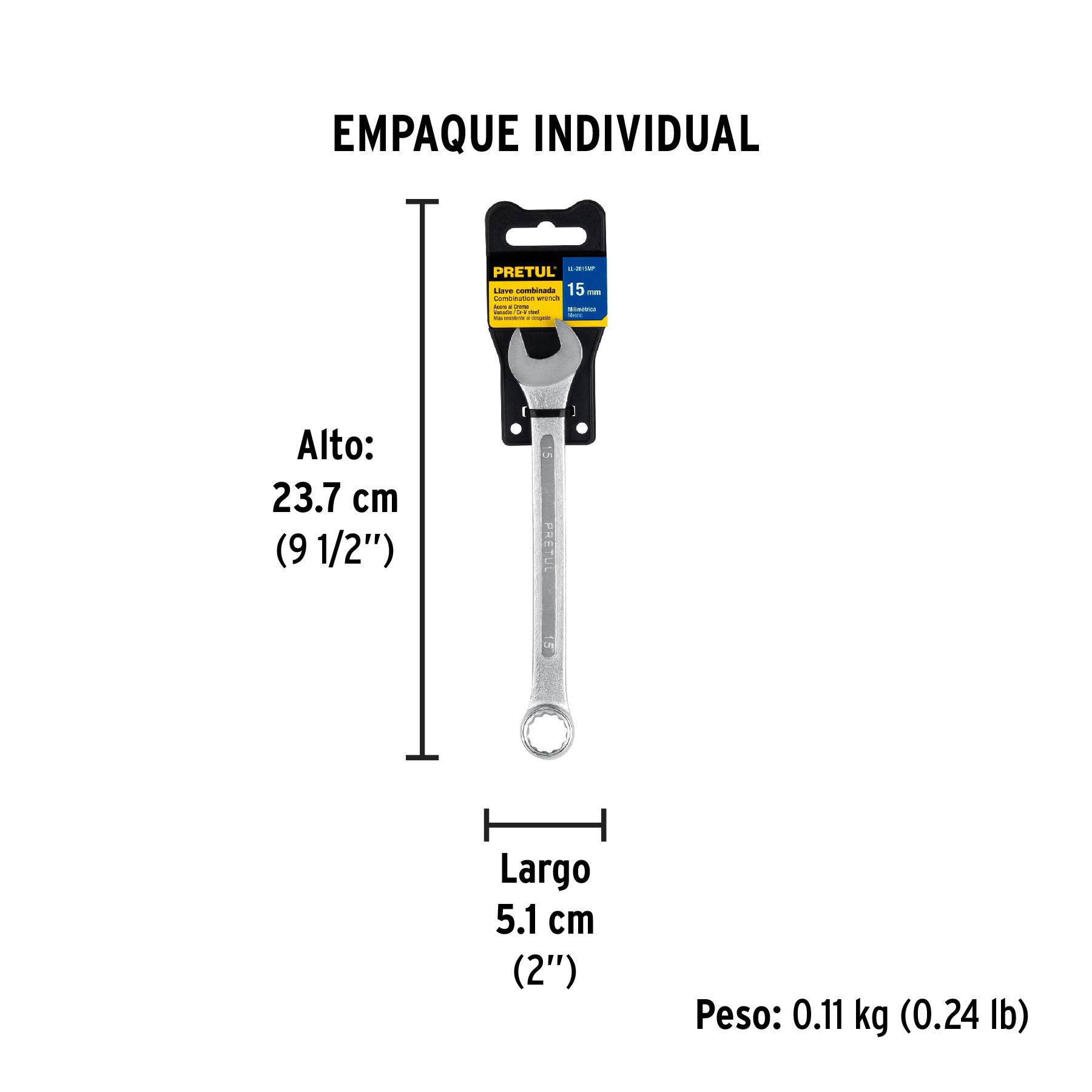 Llave combinada 15 mm x 190 mm de largo, PRETUL - Empaque