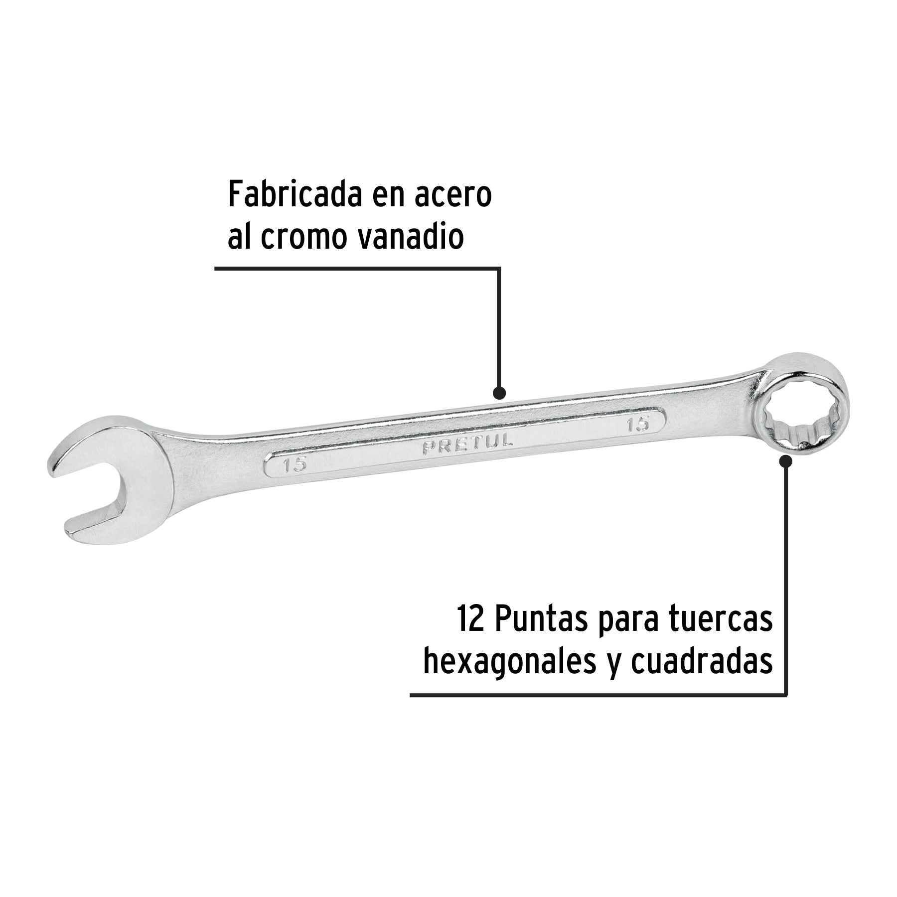 Llave combinada 15 mm x 190 mm de largo, PRETUL