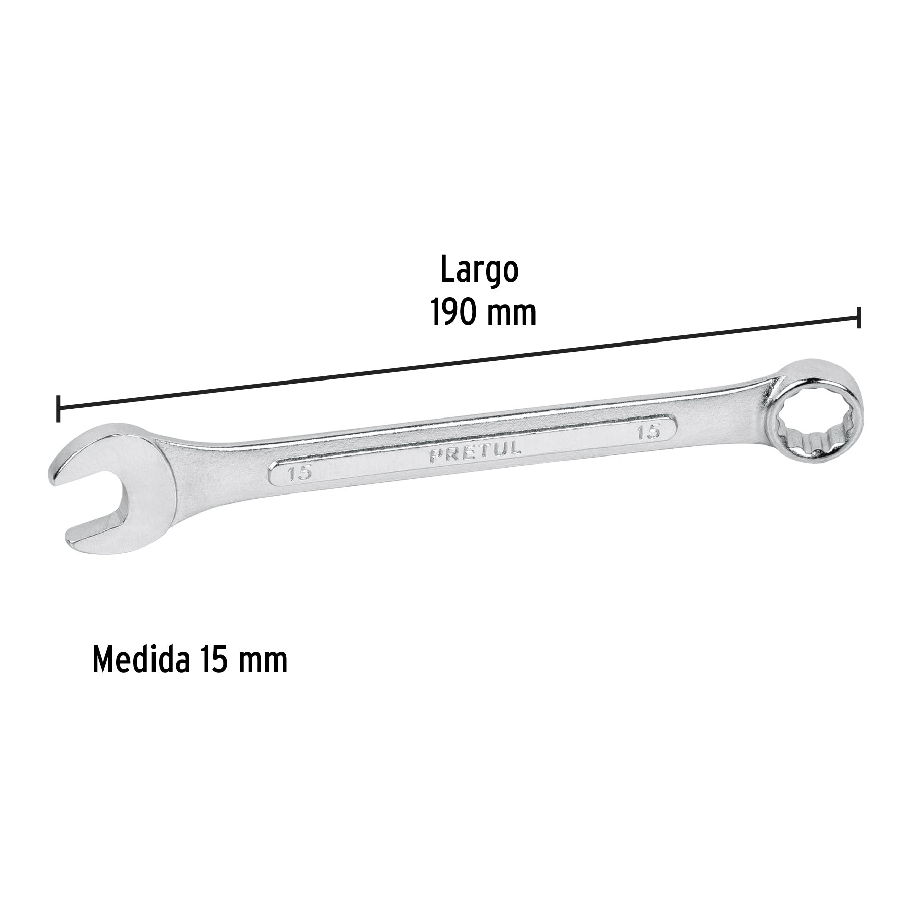 Llave combinada 15 mm x 190 mm de largo, PRETUL