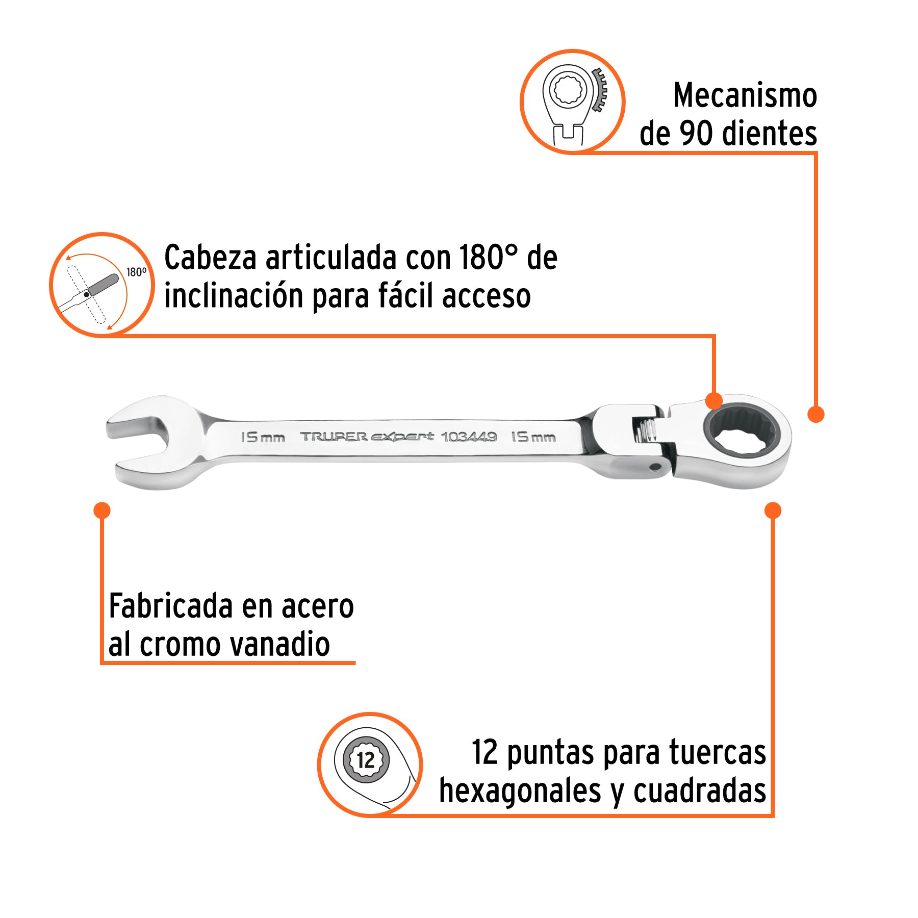 Llave combinada con matraca 15 mm flexible, EXPERT