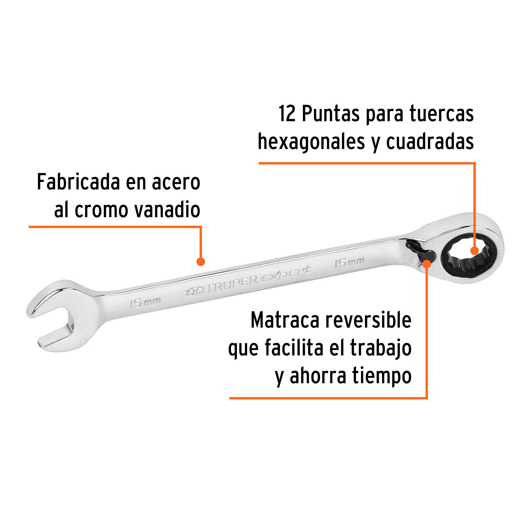 Llave combinada matraca reversible 15mmx198 mm largo, EXPERT