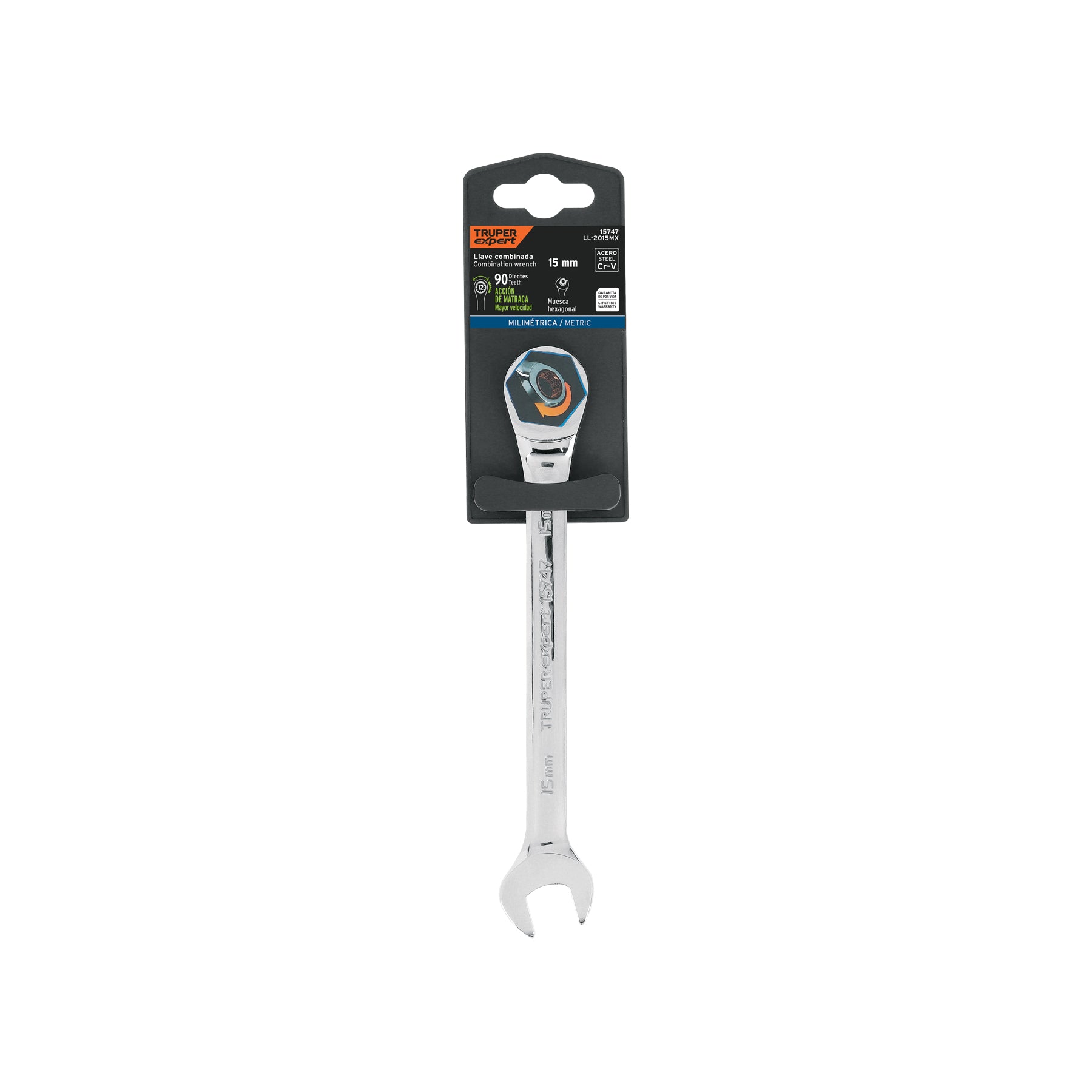 Llave combinada con matraca 15 mm x 194 mm largo, EXPERT