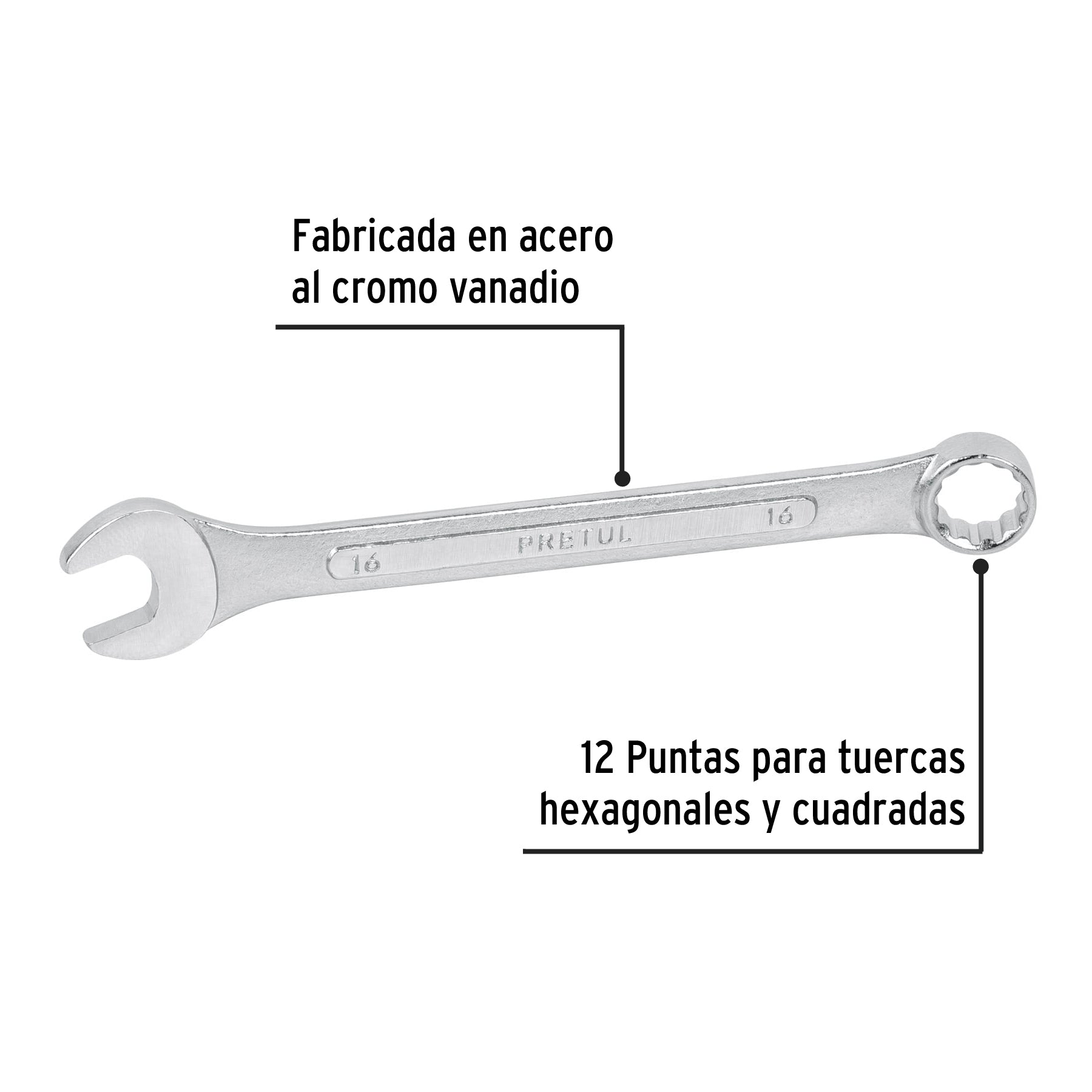 Llave combinada 16 mm x 200 mm de largo, PRETUL