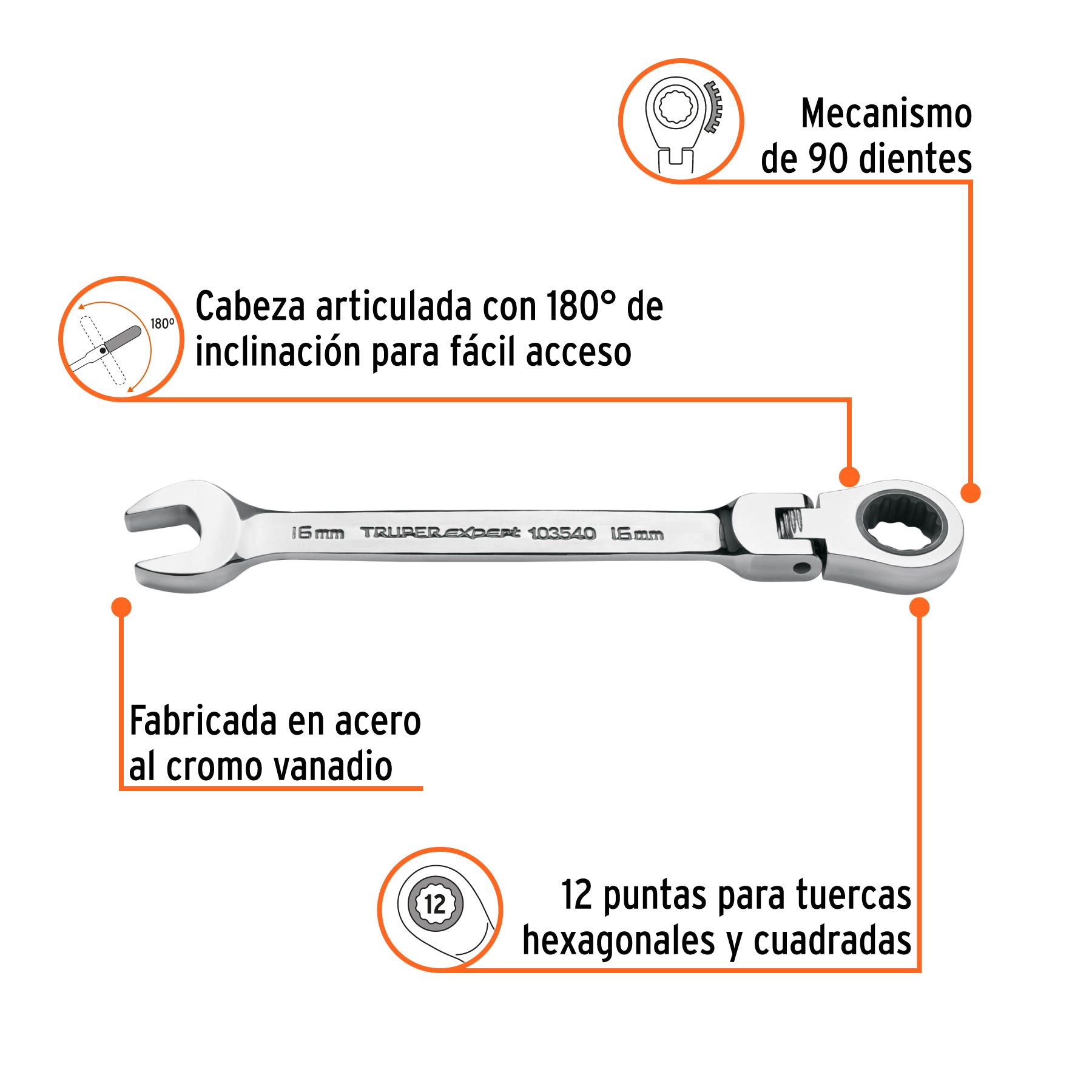 Llave combinada con matraca 16 mm flexible, EXPERT