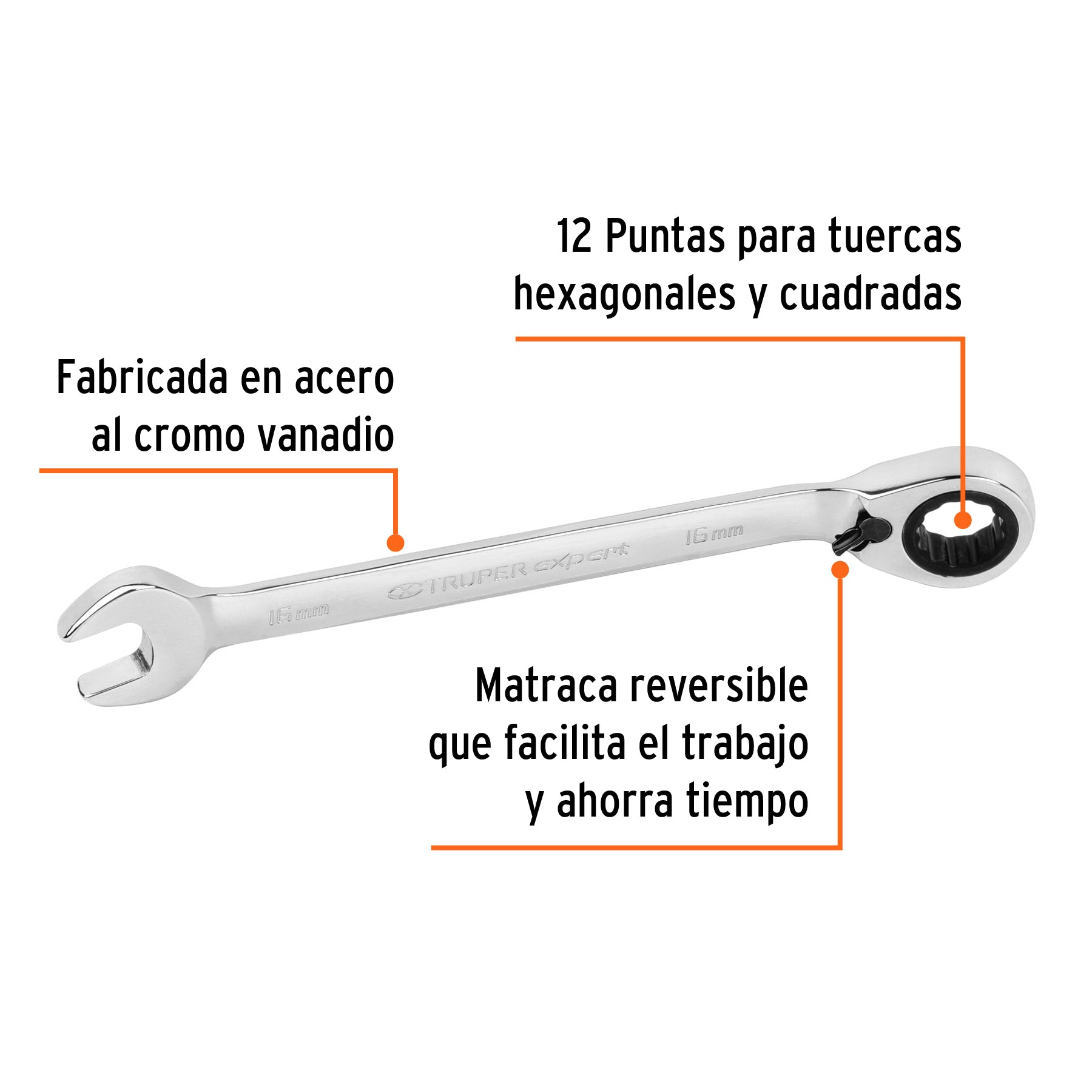 Llave combinada matraca reversible 16mmx205 mm largo, EXPERT