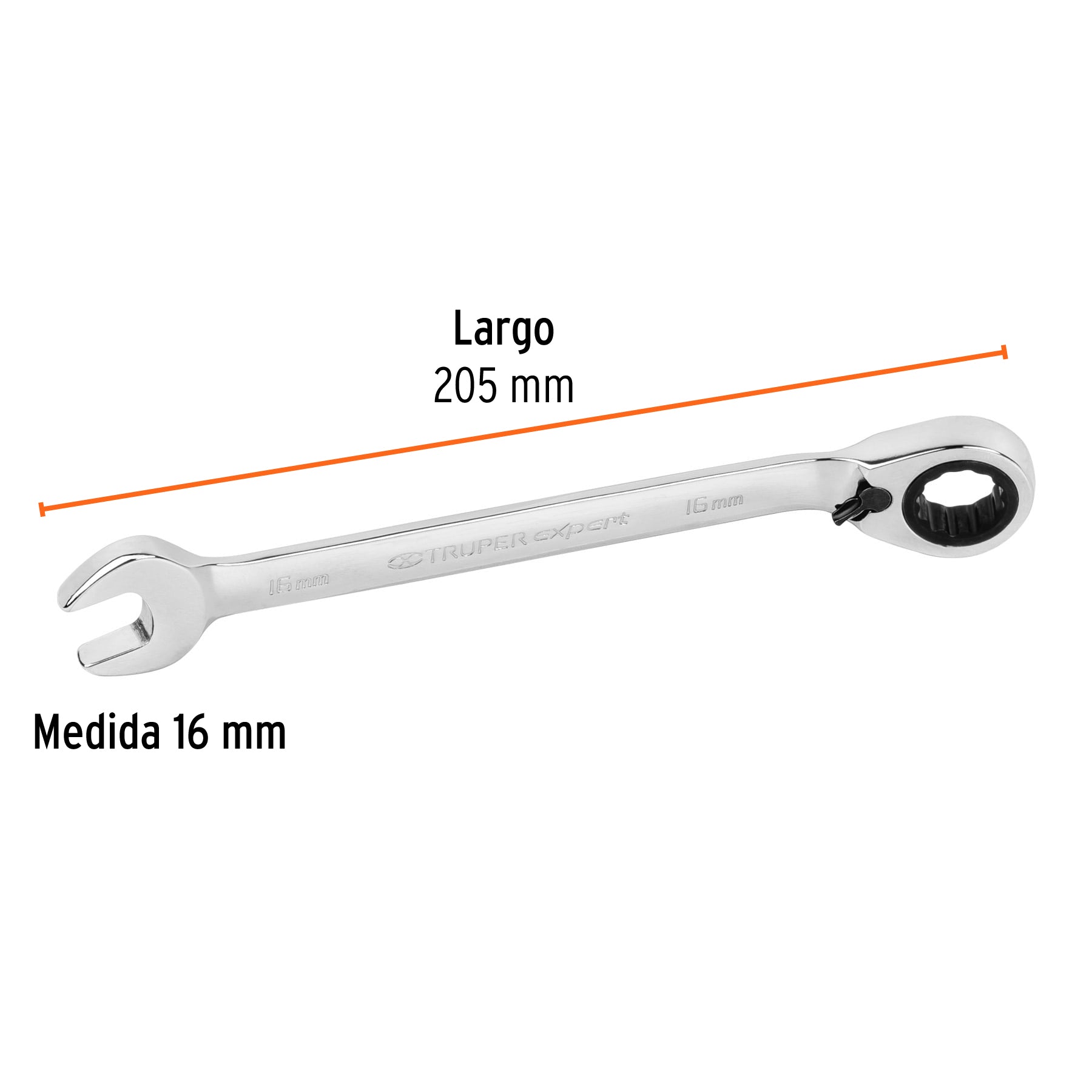 Llave combinada matraca reversible 16mmx205 mm largo, EXPERT