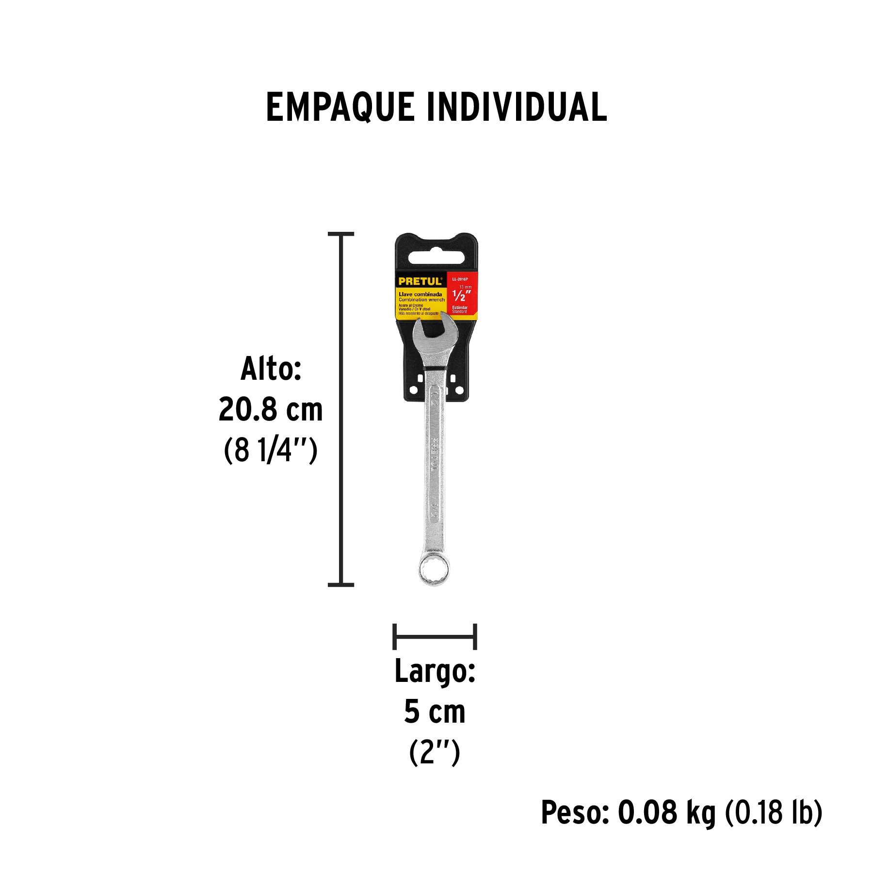 Llave combinada 1/2" x 170 mm de largo, PRETUL - Empaque