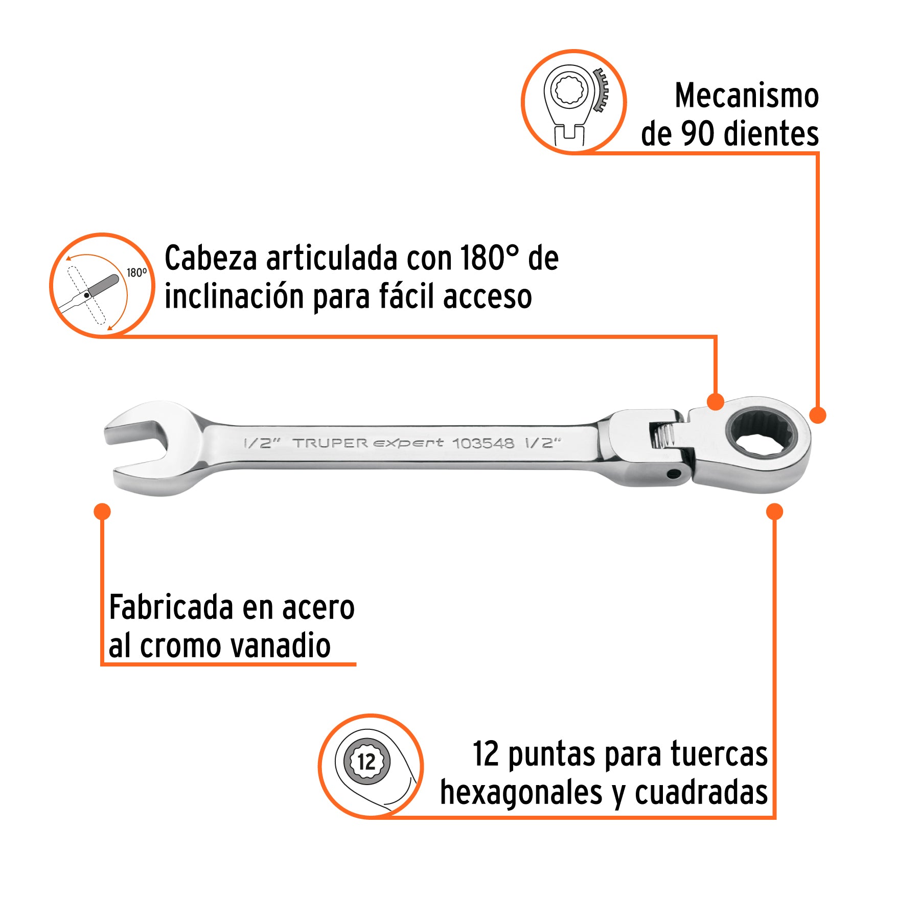 Llave combinada con matraca 1/2" flexible, EXPERT
