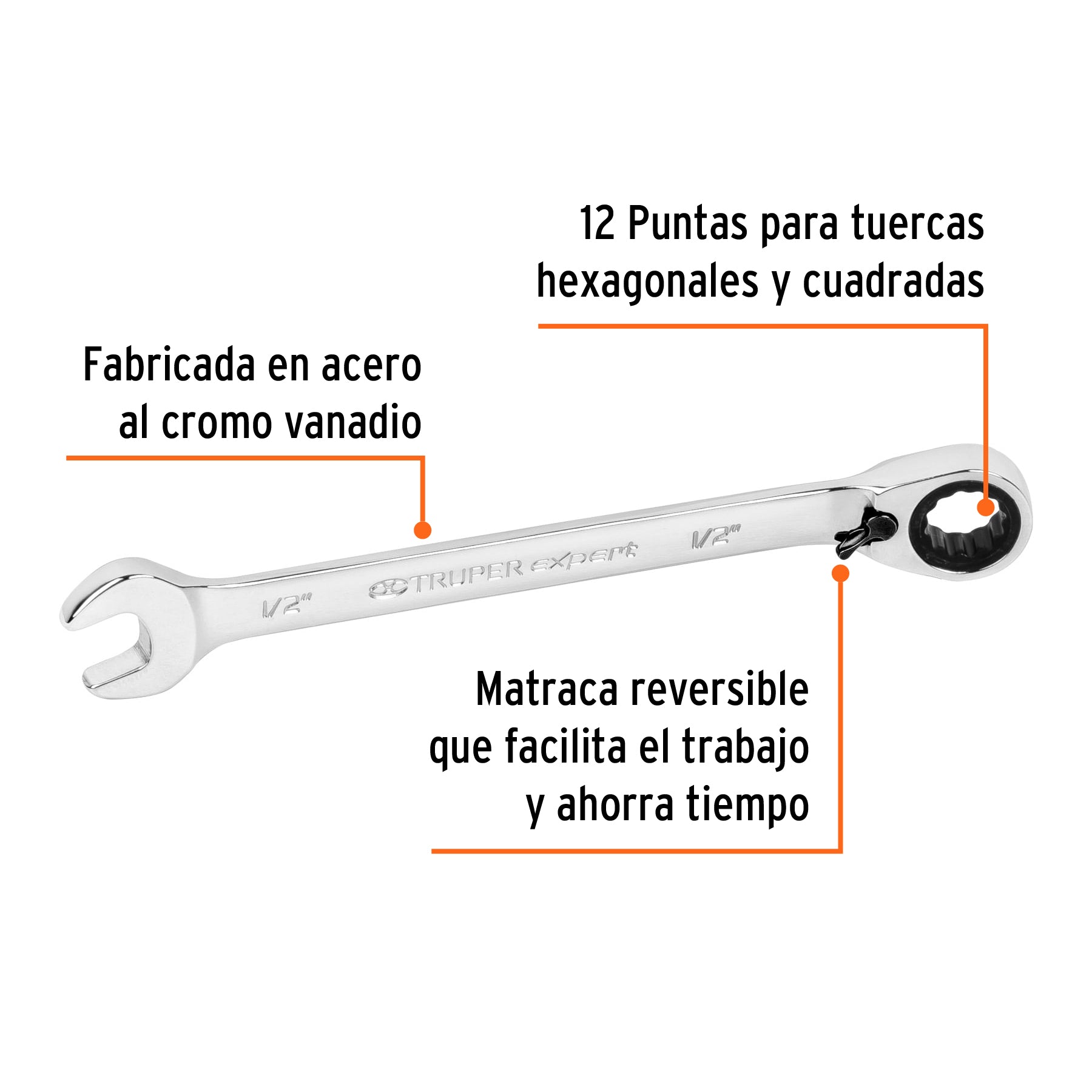 Llave combinada matraca reversible 1/2"x178 mm largo, EXPERT