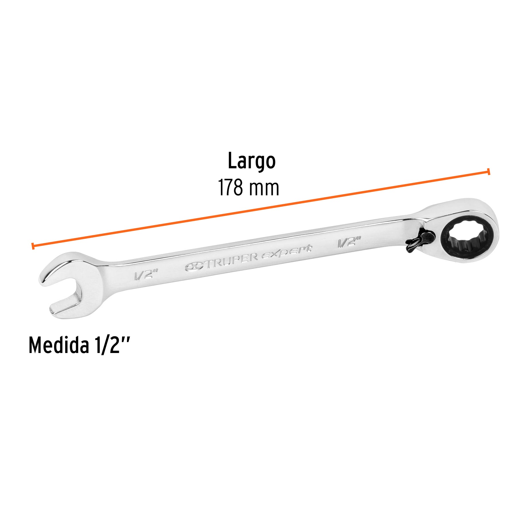 Llave combinada matraca reversible 1/2"x178 mm largo, EXPERT