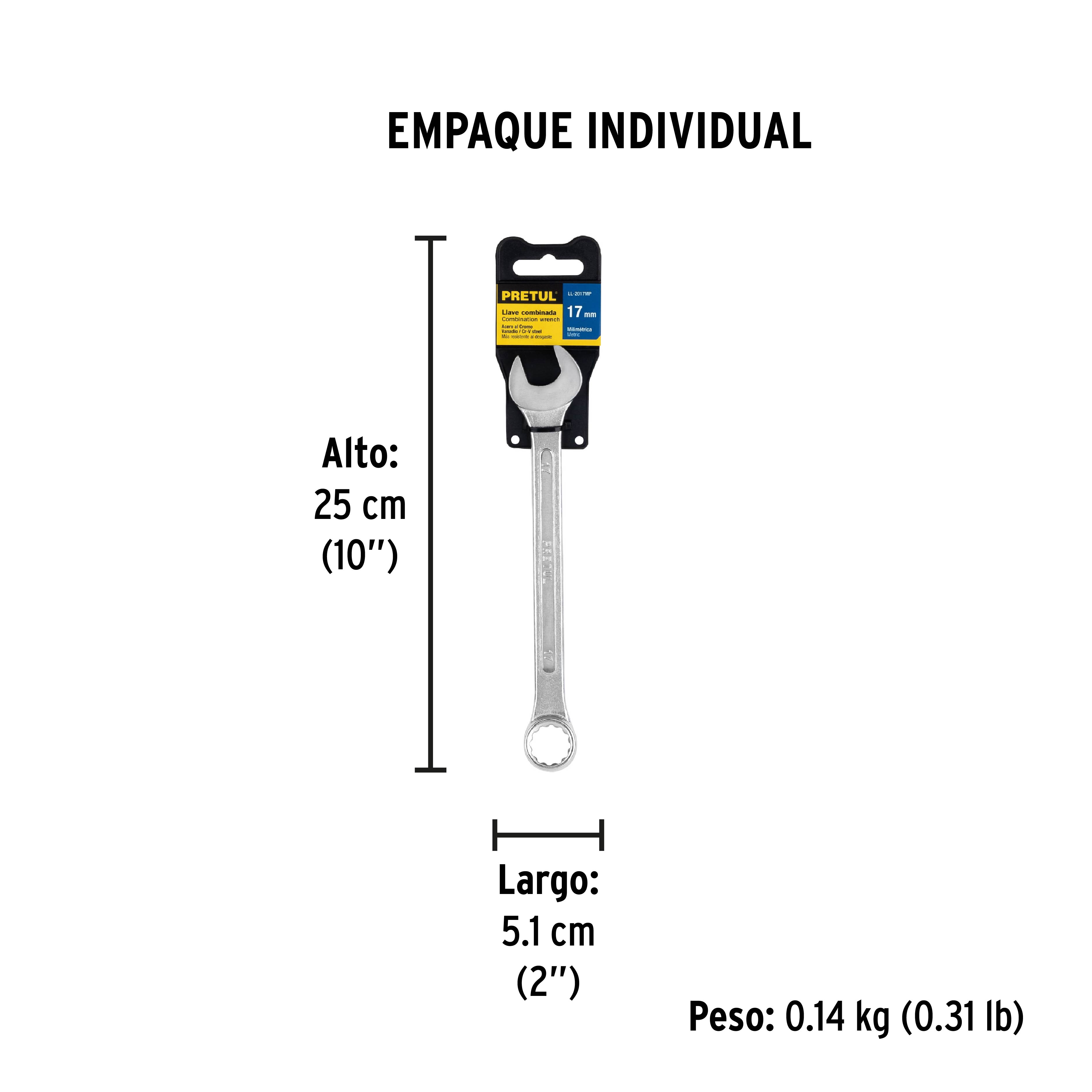 Llave combinada 17 mm x 210 mm de largo, PRETUL - Empaque
