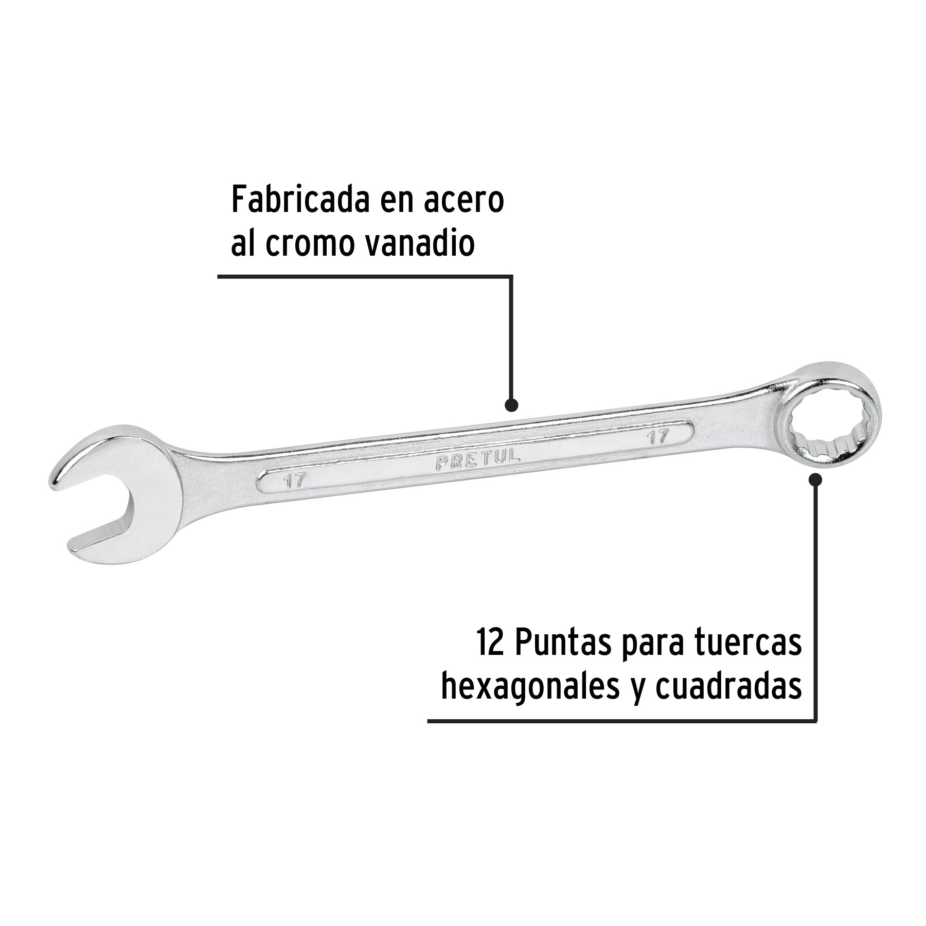 Llave combinada 17 mm x 210 mm de largo, PRETUL
