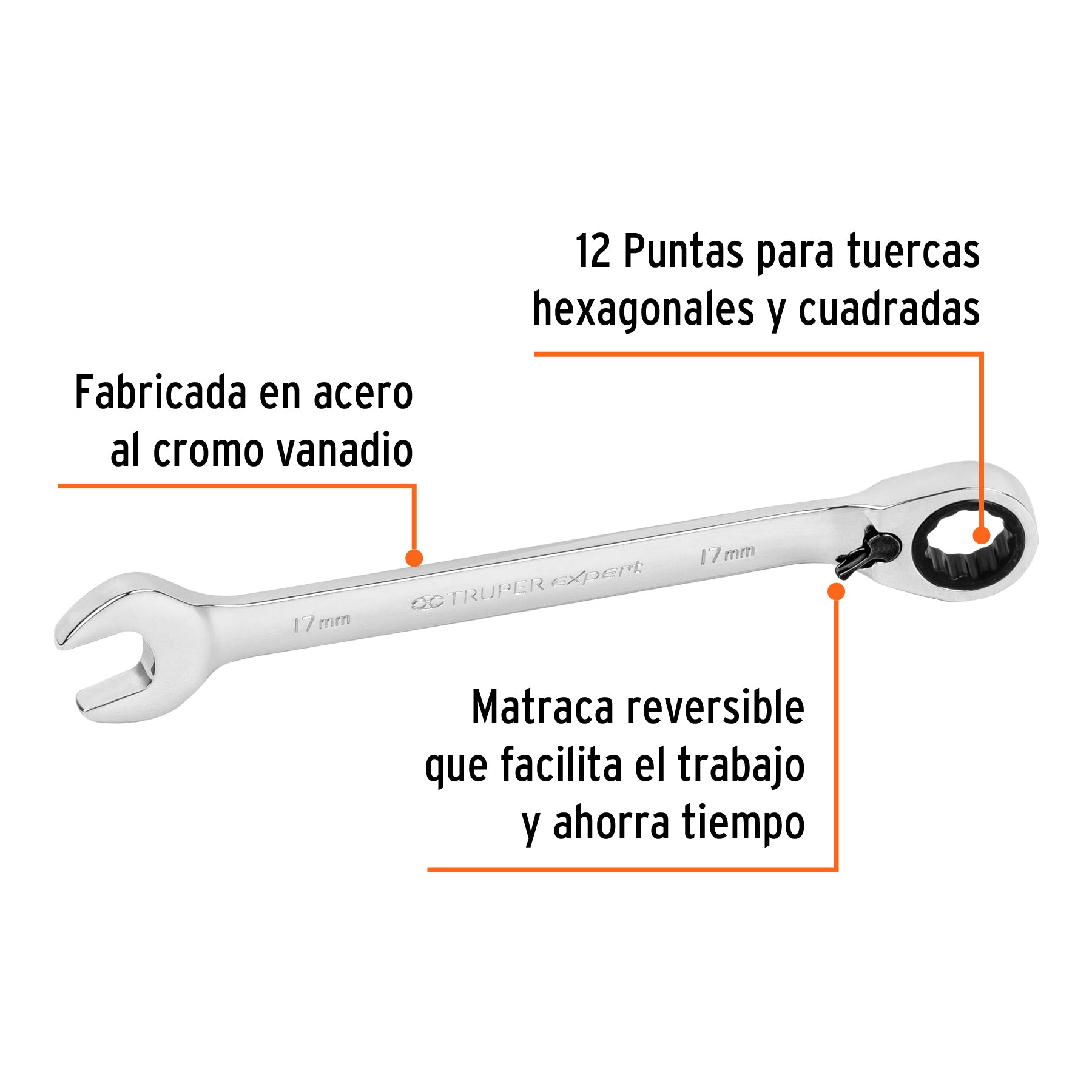 Llave combinada matraca reversible 17mmx223 mm largo, EXPERT